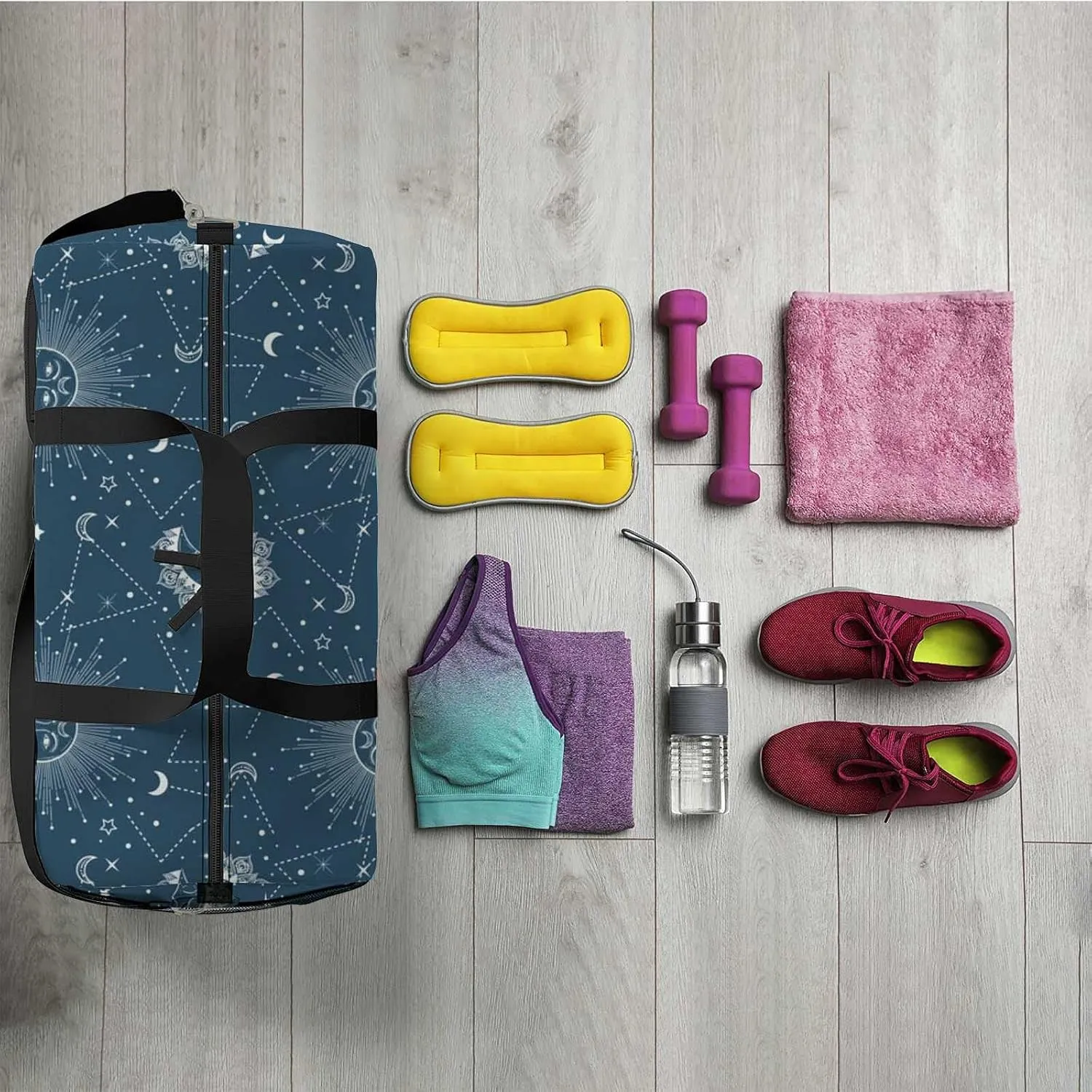 Sports Gym Bag for Women and Men Waterproof Pattern Sun Moon Stars Duffel Bag Lightweight Carryon Traveling Boarding Gripsack