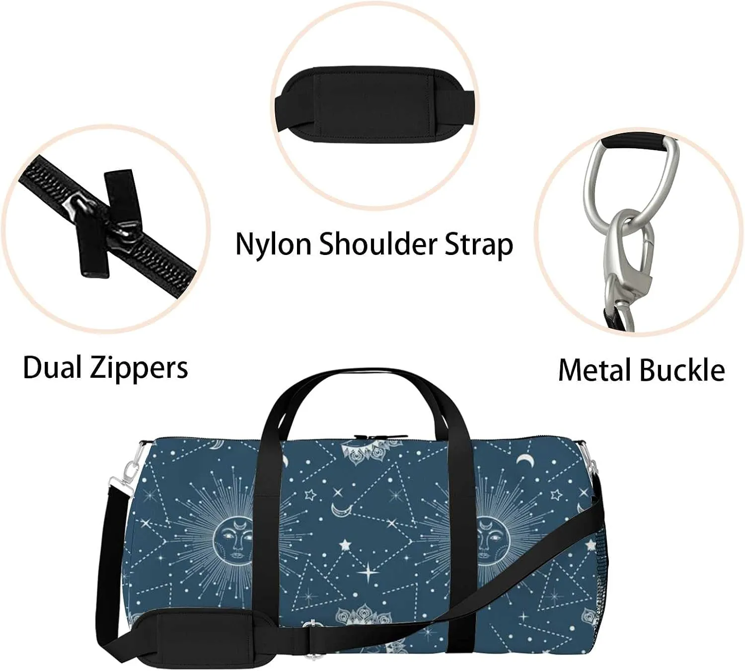 Sports Gym Bag for Women and Men Waterproof Pattern Sun Moon Stars Duffel Bag Lightweight Carryon Traveling Boarding Gripsack
