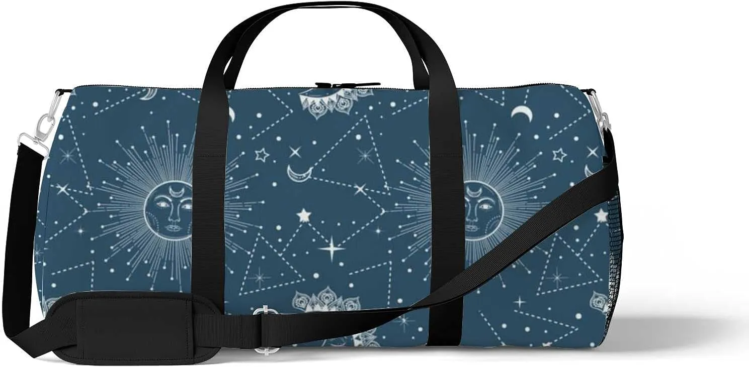 Sports Gym Bag for Women and Men Waterproof Pattern Sun Moon Stars Duffel Bag Lightweight Carryon Traveling Boarding Gripsack