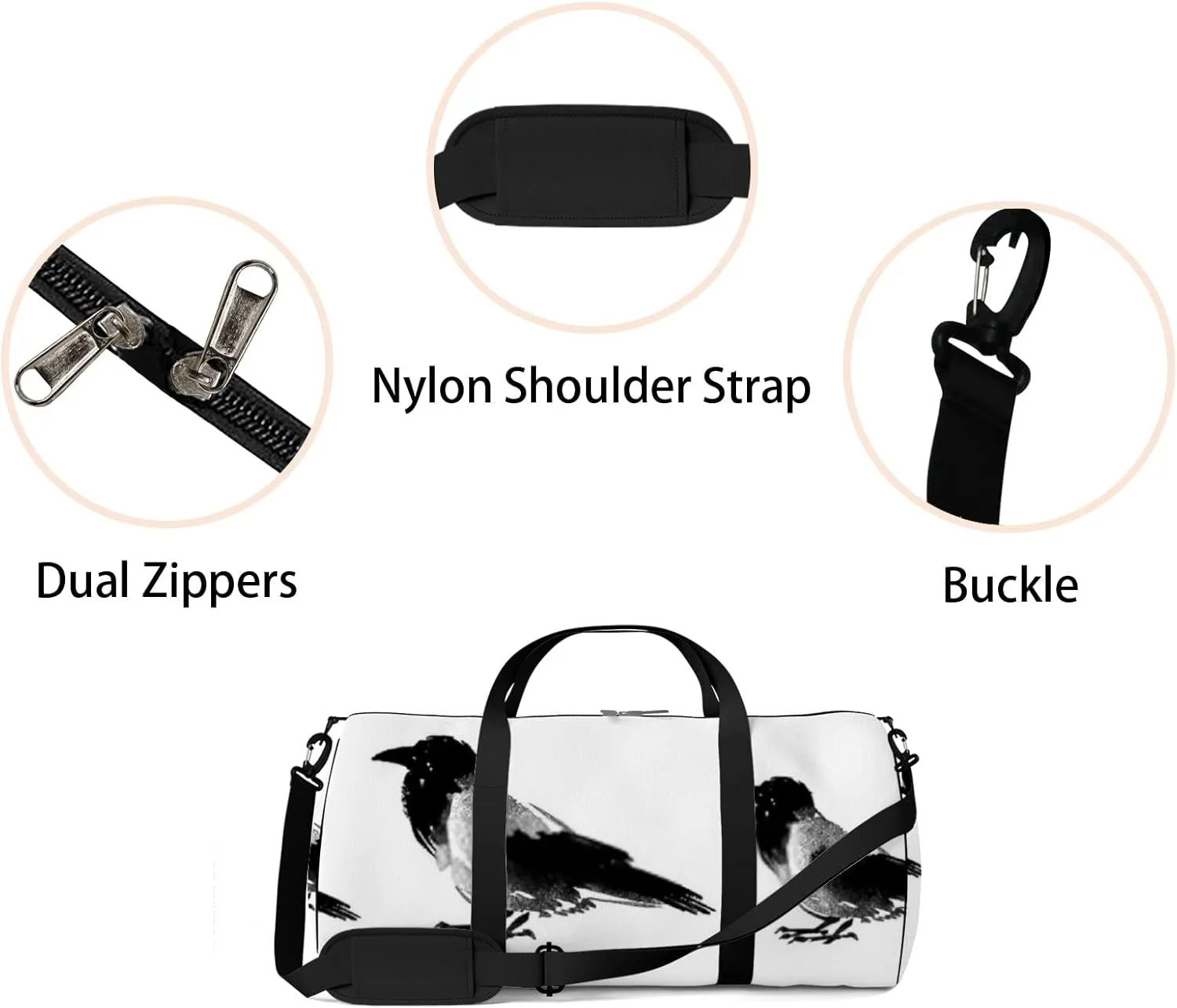 Sports Gym Bag for Women and Men Waterproof Sketches Birds Black Duffel Bag Lightweight Carryon Traveling Boarding Gripsack