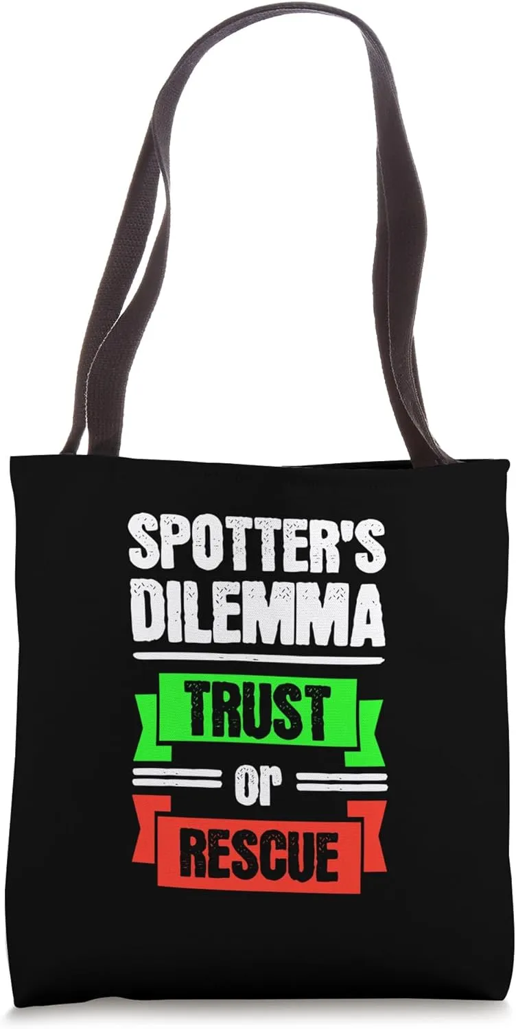 Spotter Gym Dilemma, Rescue or Trust? Gymnastics Spotter Tote Bag