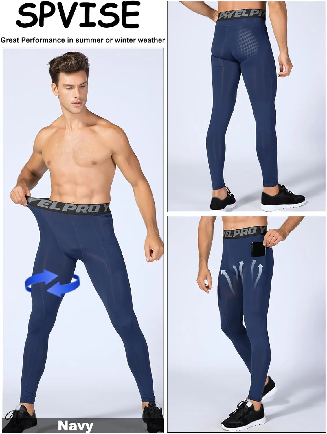 SPVISE 2 or 3 Pack Men's Compression Pants Leggings Running Tights with Pocket Cool Dry Workout Base Layer Athletic Gym Pants
