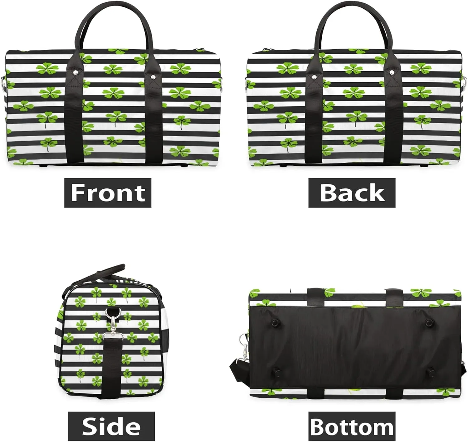 St. Patrick's Day Green Clover Leaf Irish Shamrock Travel Duffle Bag, Sports Gym Bags for Women Men, Carry On Weekender Overnight Workout Airplane Trips Bag