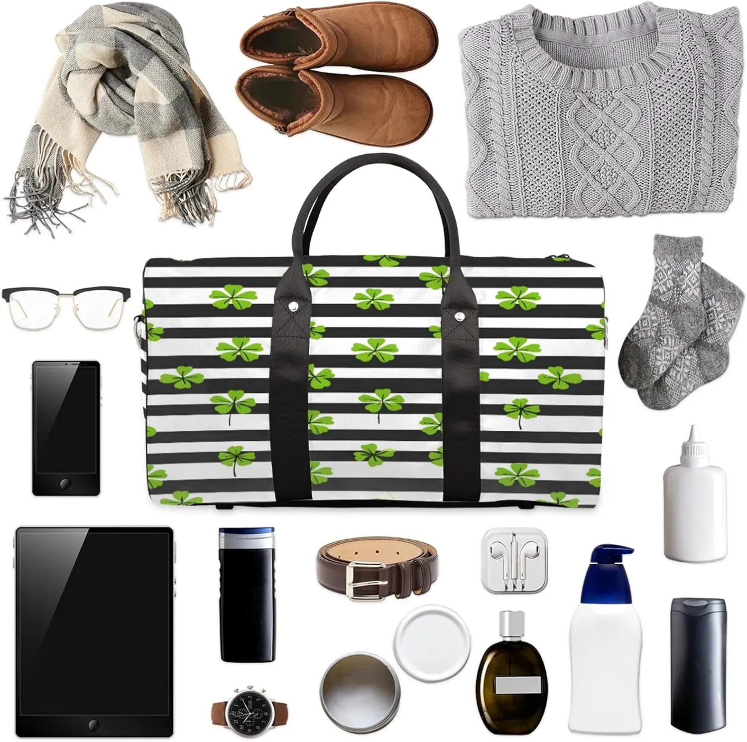 St. Patrick's Day Green Clover Leaf Irish Shamrock Travel Duffle Bag, Sports Gym Bags for Women Men, Carry On Weekender Overnight Workout Airplane Trips Bag