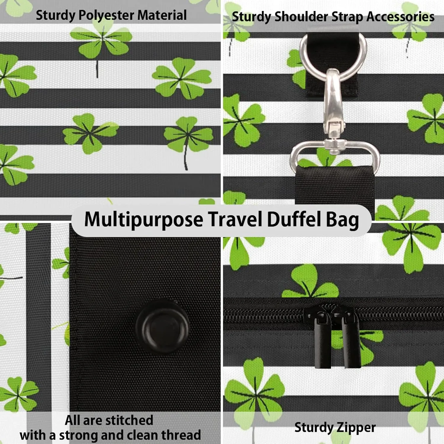 St. Patrick's Day Green Clover Leaf Irish Shamrock Travel Duffle Bag, Sports Gym Bags for Women Men, Carry On Weekender Overnight Workout Airplane Trips Bag
