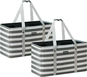 Stand Up Extra Large Utility Tote Bag 2-Pack, Foldable Reusable Grocery Bags with Metal Wire Frame & Reinforced Bottom Board, Large Utility Tote for Grocery Stores, Storage, Shopping (Grey)