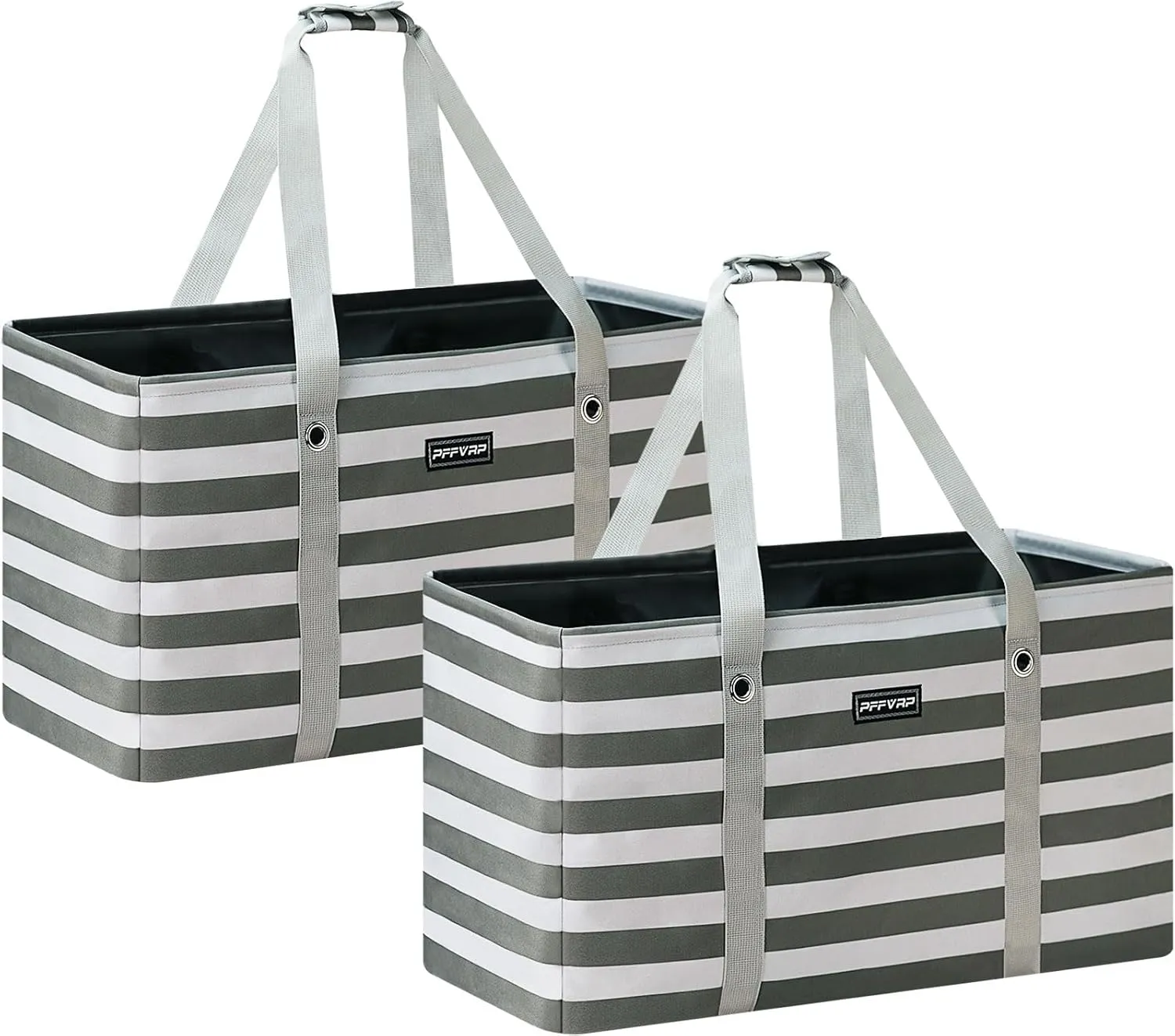 Stand Up Extra Large Utility Tote Bag 2-Pack, Foldable Reusable Grocery Bags with Metal Wire Frame & Reinforced Bottom Board, Large Utility Tote for Grocery Stores, Storage, Shopping (Grey)