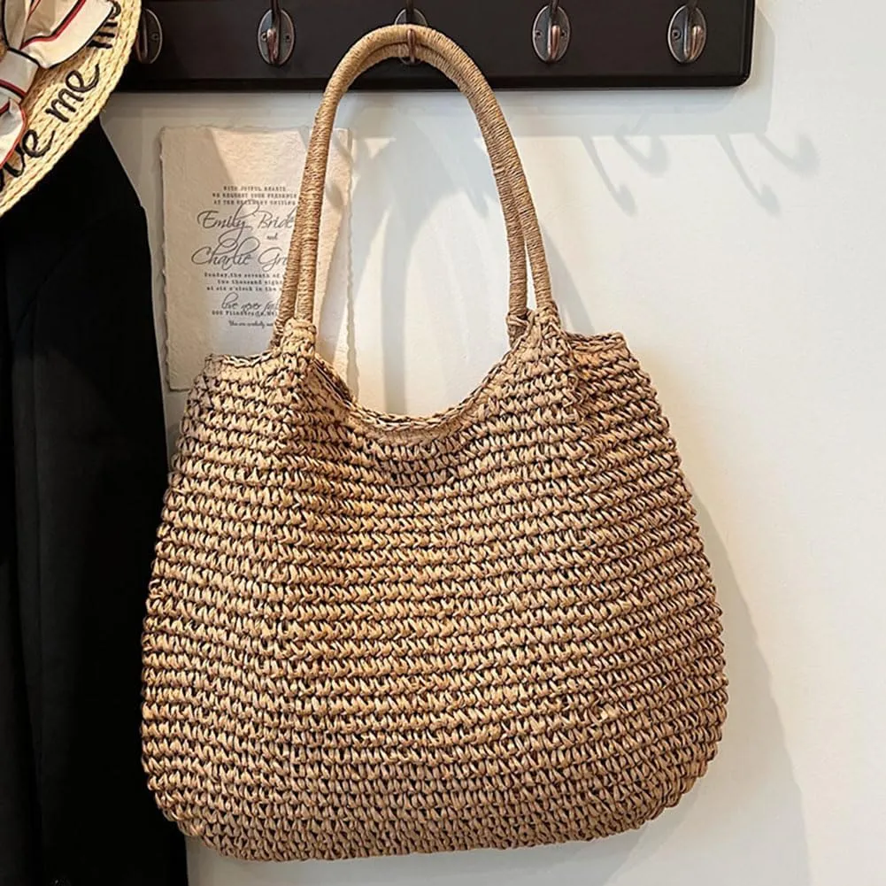 Straw Beach Bag Large Capacity Retro Straw Handbag Hasp Closure Weaving Handbag Ladies Summer Beach Tote Bags