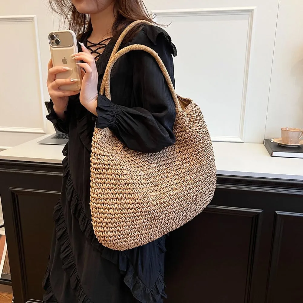 Straw Beach Bag Large Capacity Retro Straw Handbag Hasp Closure Weaving Handbag Ladies Summer Beach Tote Bags