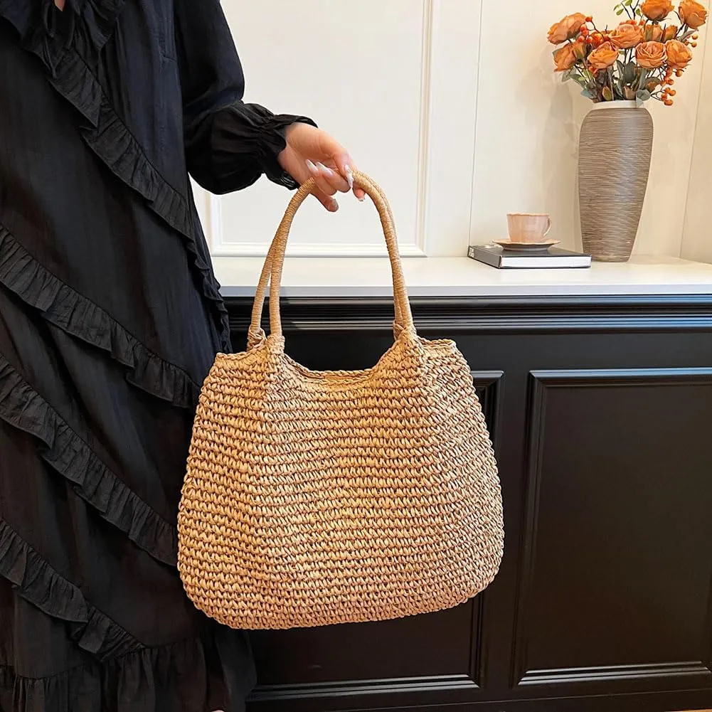 Straw Beach Bag Large Capacity Retro Straw Handbag Hasp Closure Weaving Handbag Ladies Summer Beach Tote Bags
