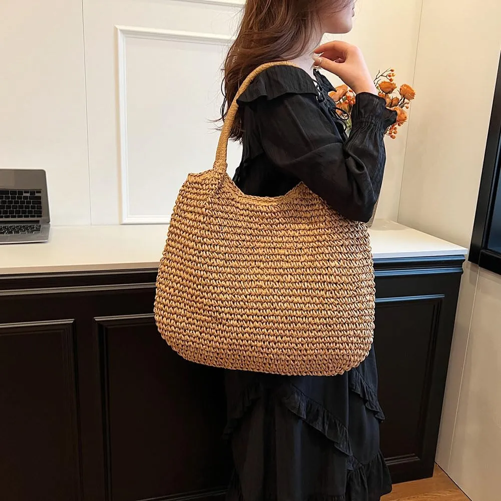Straw Beach Bag Large Capacity Retro Straw Handbag Hasp Closure Weaving Handbag Ladies Summer Beach Tote Bags