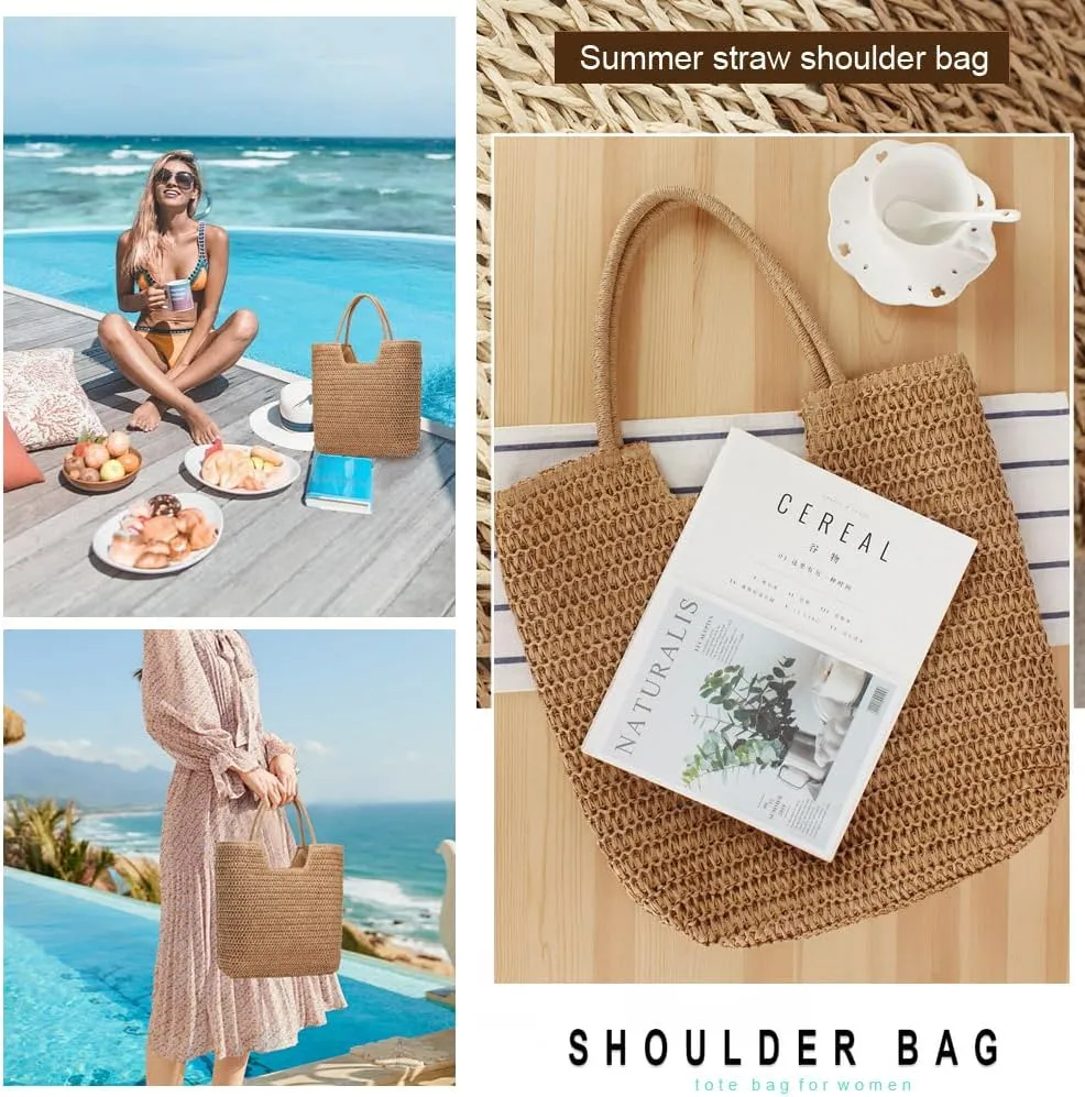 Straw Beach Bags for Women Woven Beach Tote Bag Casual Boho Large Shoulder Handbags Purse for Vacation Holiday
