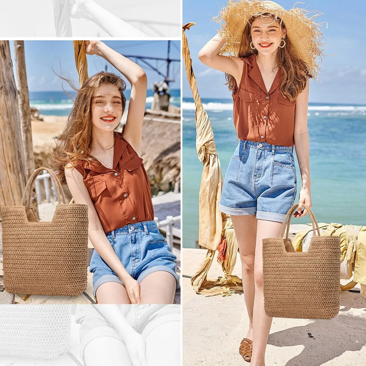 Straw Beach Bags for Women Woven Beach Tote Bag Casual Boho Large Shoulder Handbags Purse for Vacation Holiday