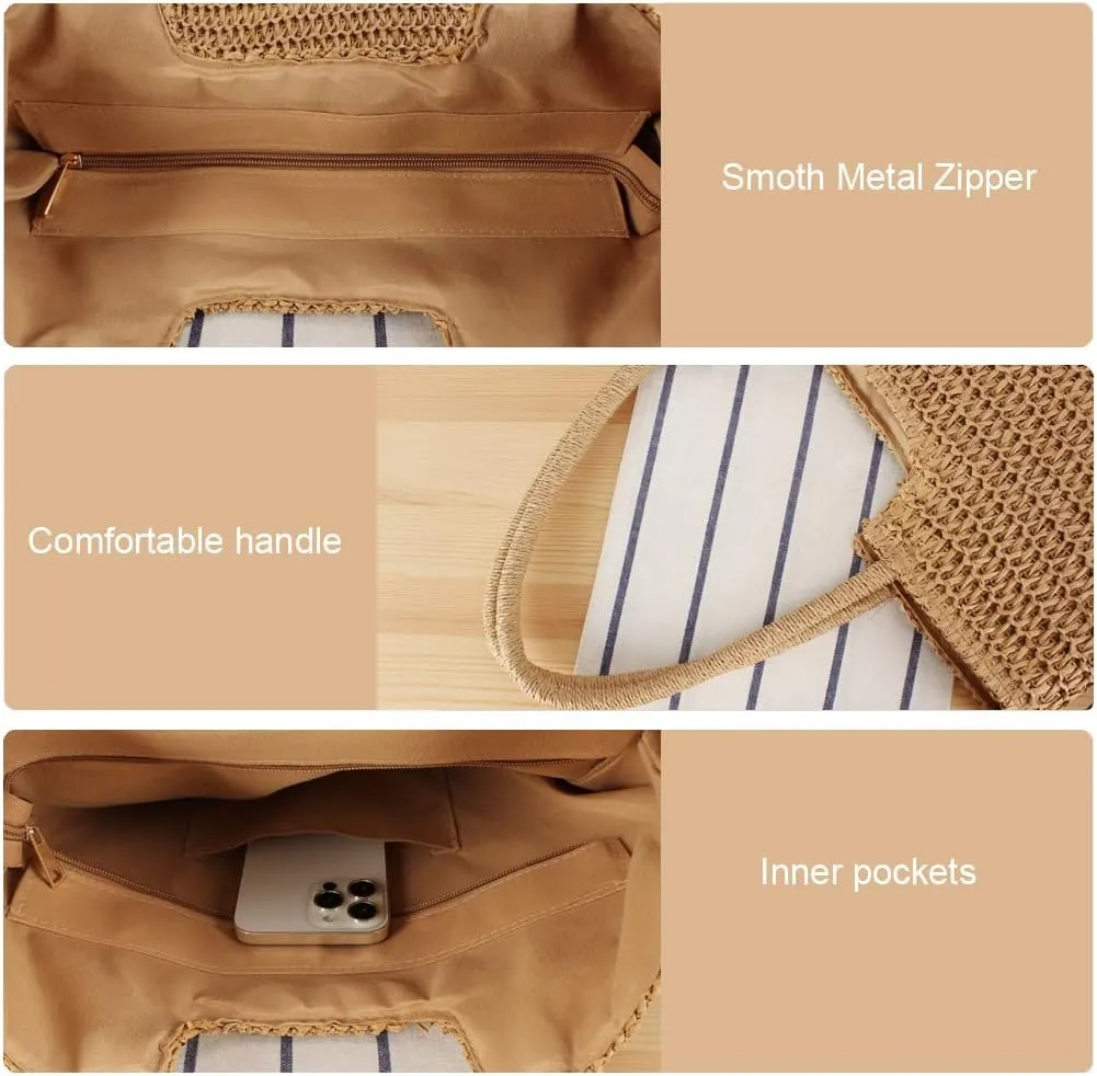 Straw Beach Bags for Women Woven Beach Tote Bag Casual Boho Large Shoulder Handbags Purse for Vacation Holiday