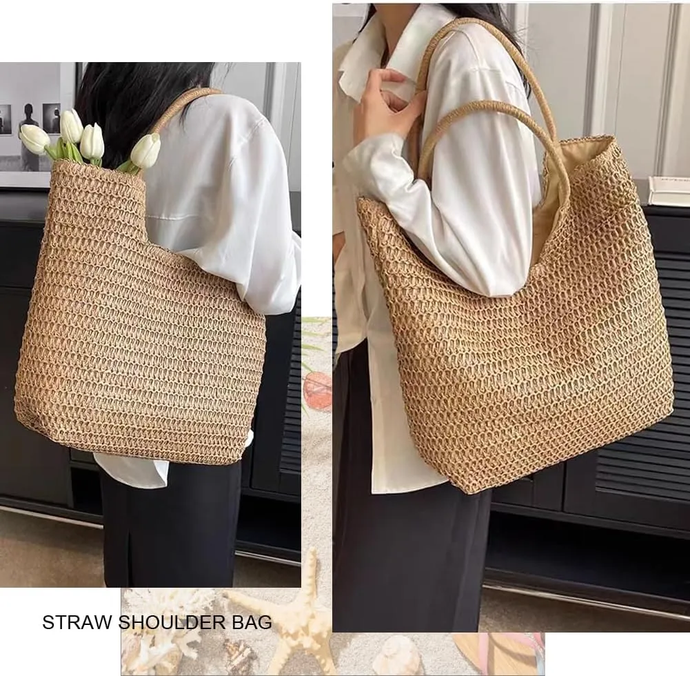 Straw Beach Bags for Women Woven Beach Tote Bag Casual Boho Large Shoulder Handbags Purse for Vacation Holiday