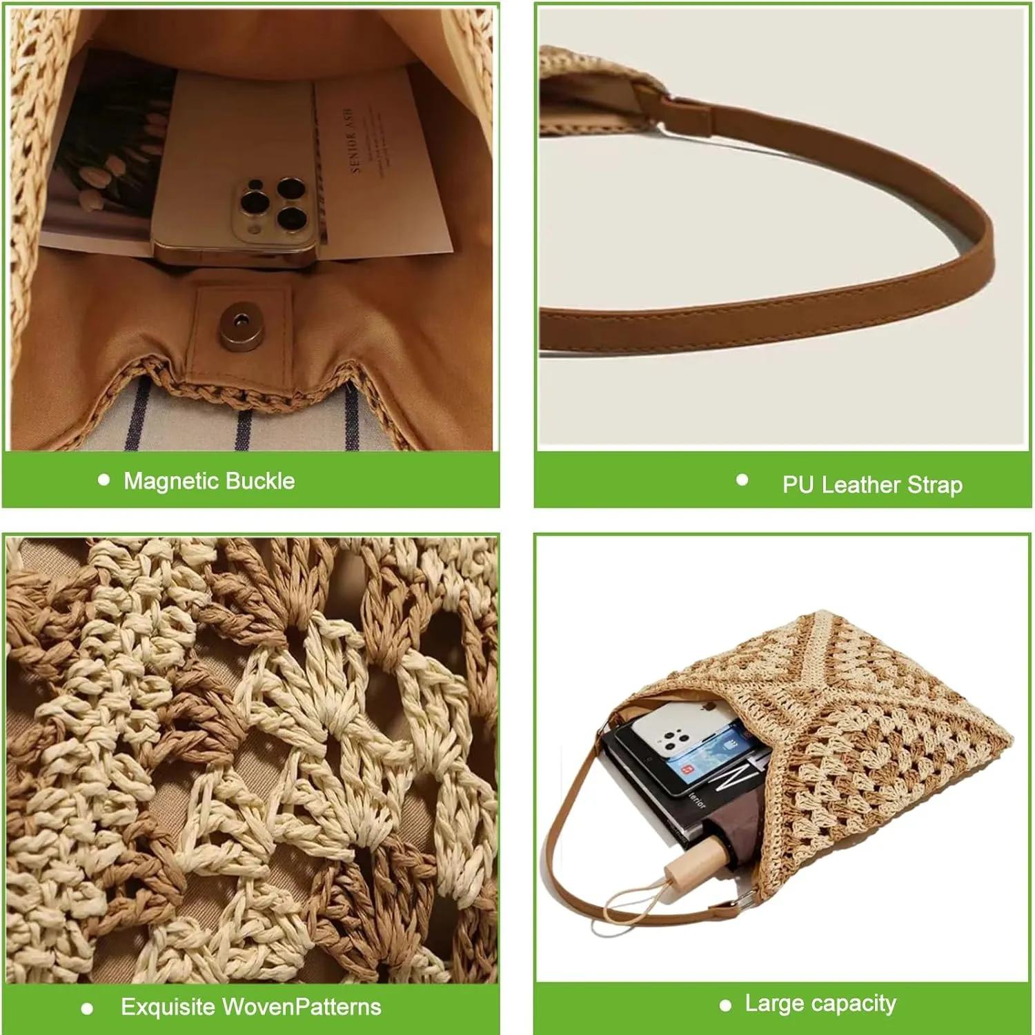 Straw Hobo Bags for Women,Large Woven Tote Bag Summer Crochet Shoulder Bag,Vintage Beach Bag Foldable Handbag for Vacation