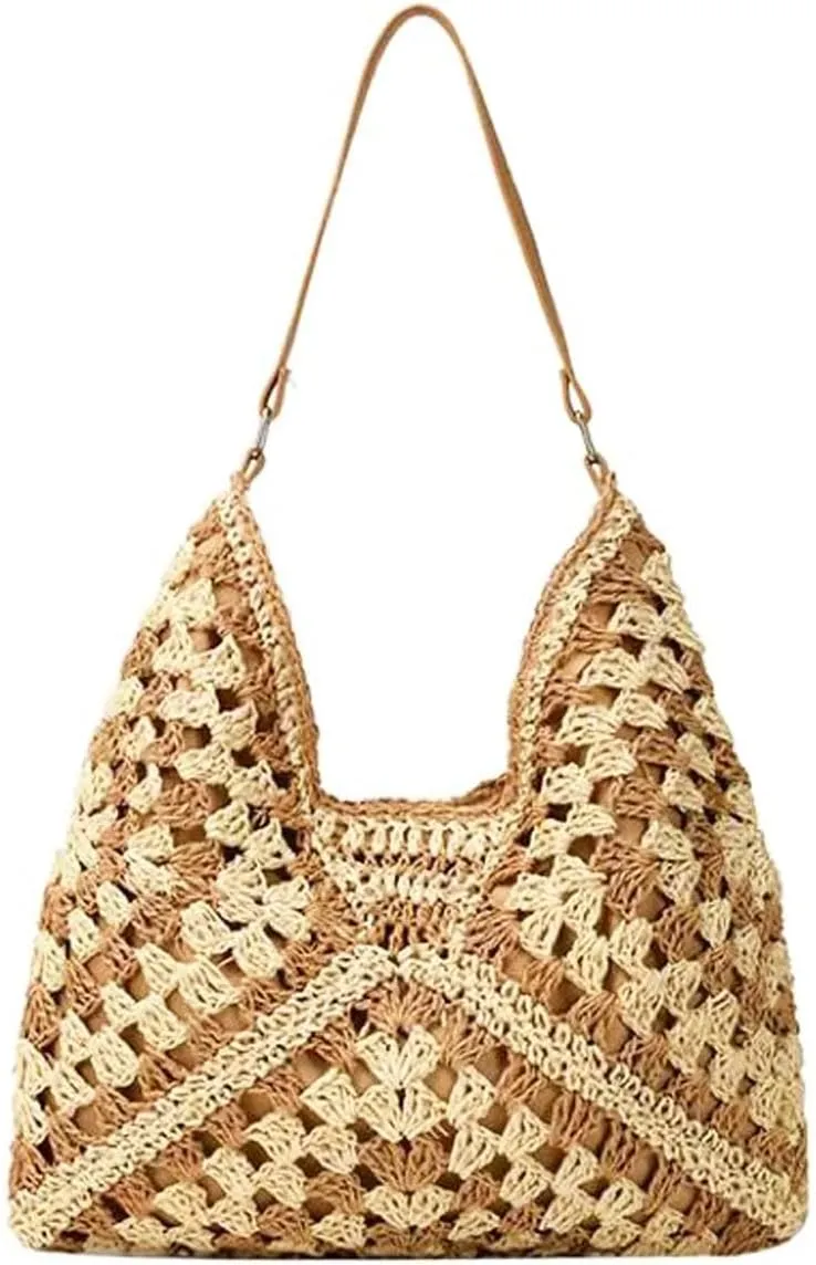 Straw Hobo Bags for Women,Large Woven Tote Bag Summer Crochet Shoulder Bag,Vintage Beach Bag Foldable Handbag for Vacation