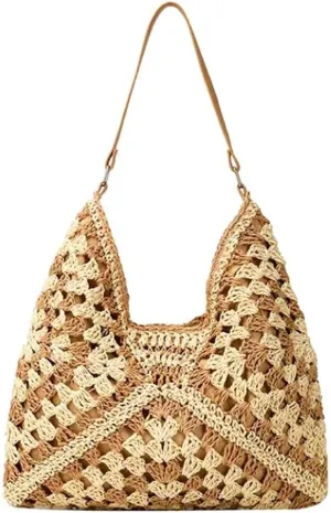 Straw Hobo Bags for Women,Large Woven Tote Bag Summer Crochet Shoulder Bag,Vintage Beach Bag Foldable Handbag for Vacation