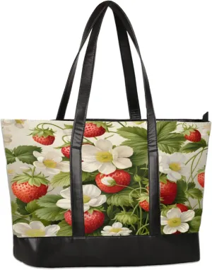Strawberry Flower Leaf Watercolour Laptop Tote Bag for Women Lightweight Work Purse with Multiple Compartments Fits 13-15.6 Inch Laptop Tablet Shoulder Bag for Office Travel Daily Use
