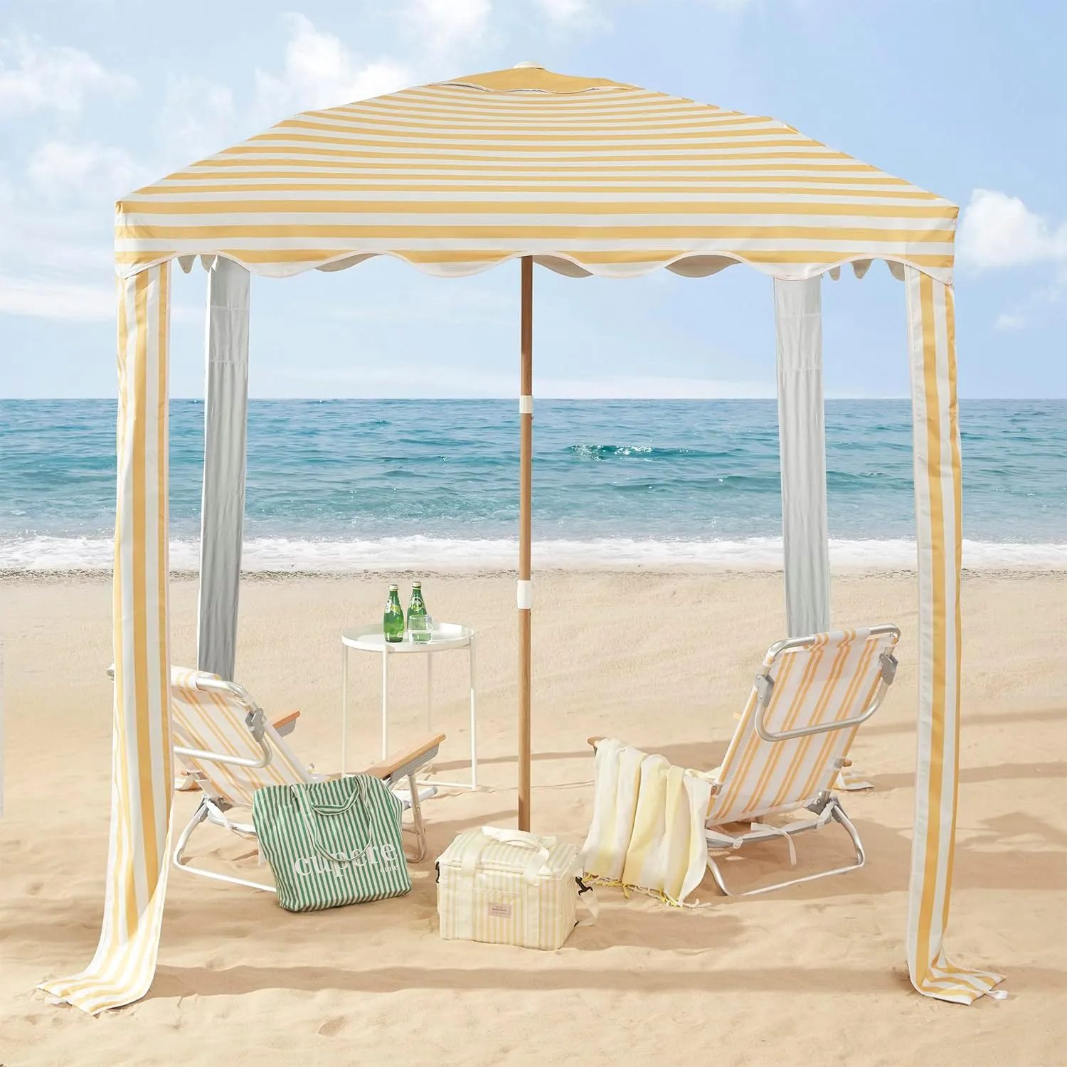 Striped Beach Cabana with Silver Coating, Vent and Sand Pockets, 6.5FT x 6.5FT UPF 50  Sun Shelter, Easy Setup Portable Beach Canopy, Wind-Resistant Beach Tent (Sunshine)