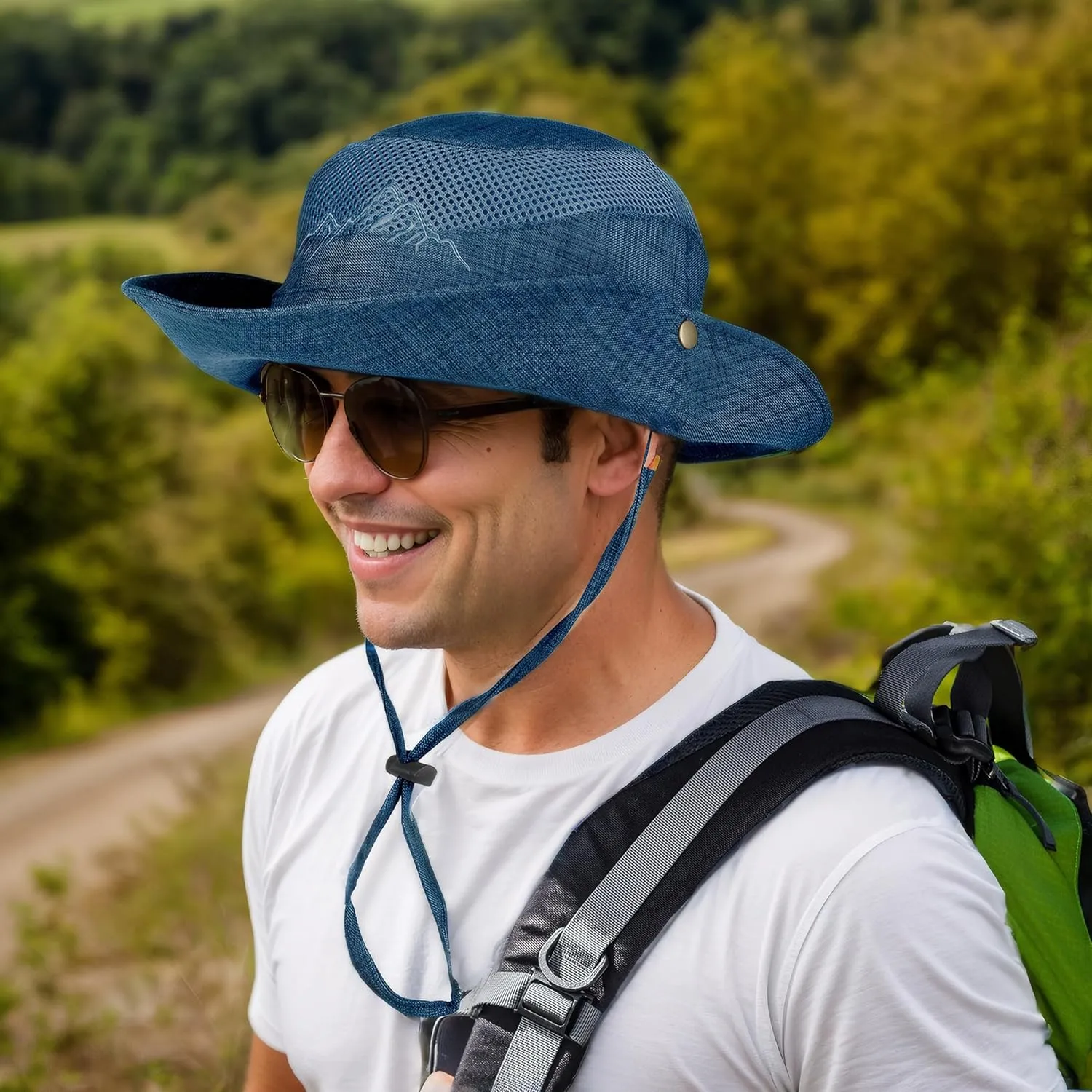 Sun Hat for Men, Cotton Embroidery Summer Outdoor Sun Protection Wide Brim Bucket Hat Foldable Safari Boonie Hat