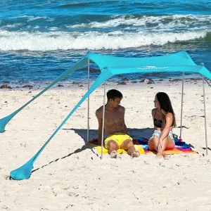 SUN NINJA Beach Tent Shelter with UPF50  Protection, Includes Sand Shovel, Ground Pegs, Stability Poles, Outdoor Pop Up Shade Canopy for Camping, Fishing, Backyard Fun (Turquoise, 5x5 FT 4 Pole)