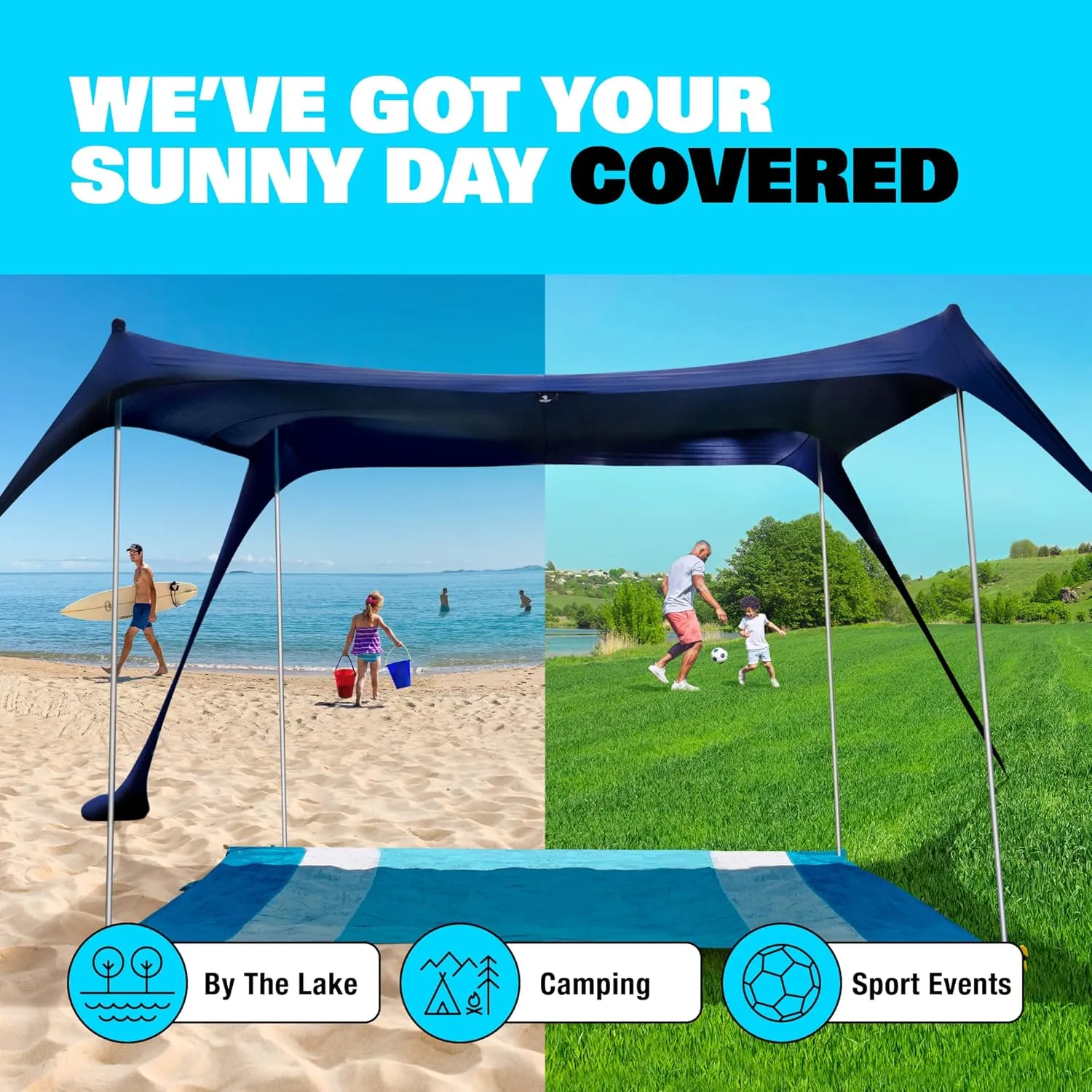 SUN NINJA Beach Tent Shelter with UPF50  Protection, Includes Sand Shovel, Ground Pegs, Stability Poles, Outdoor Pop Up Shade Canopy for Camping, Fishing, Backyard Fun (Turquoise, 5x5 FT 4 Pole)