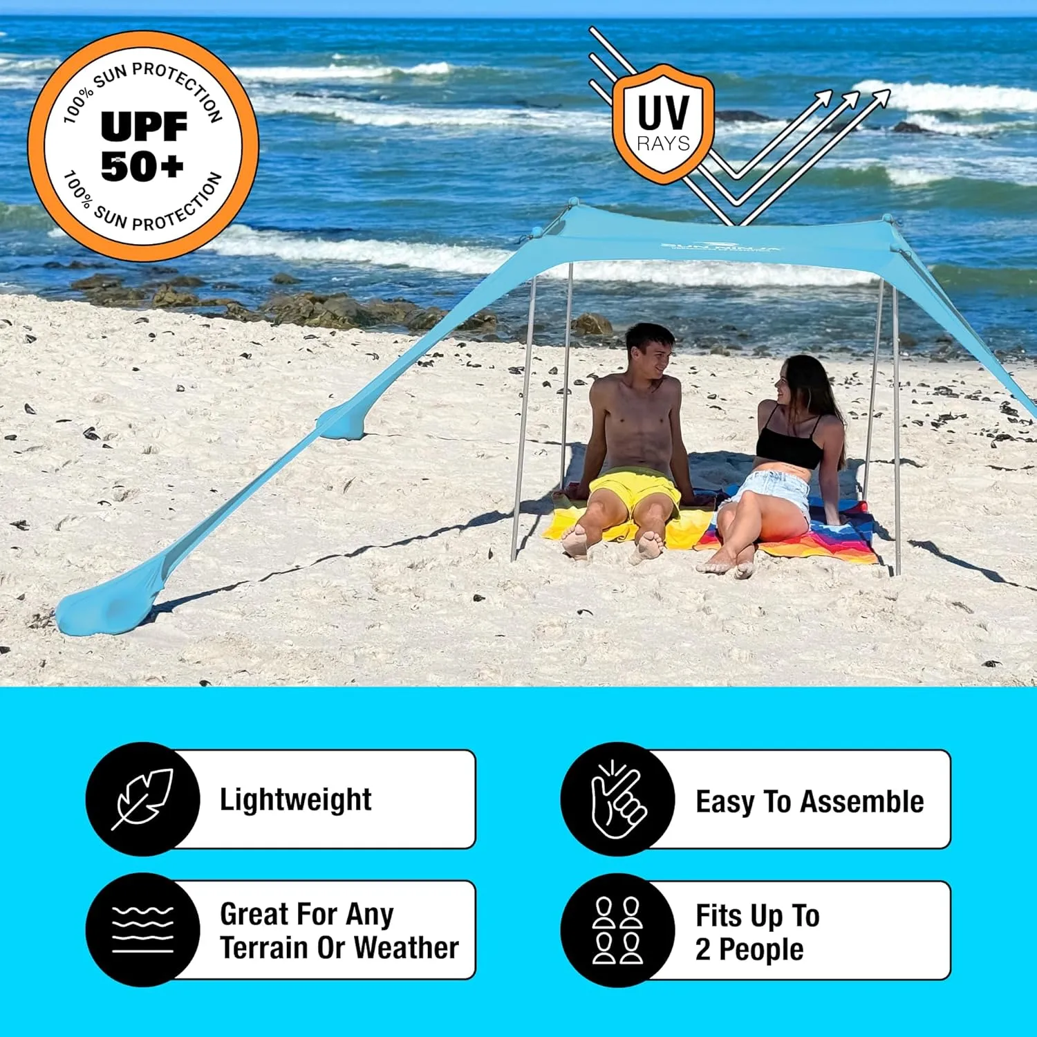 SUN NINJA Beach Tent Shelter with UPF50  Protection, Includes Sand Shovel, Ground Pegs, Stability Poles, Outdoor Pop Up Shade Canopy for Camping, Fishing, Backyard Fun (Turquoise, 5x5 FT 4 Pole)