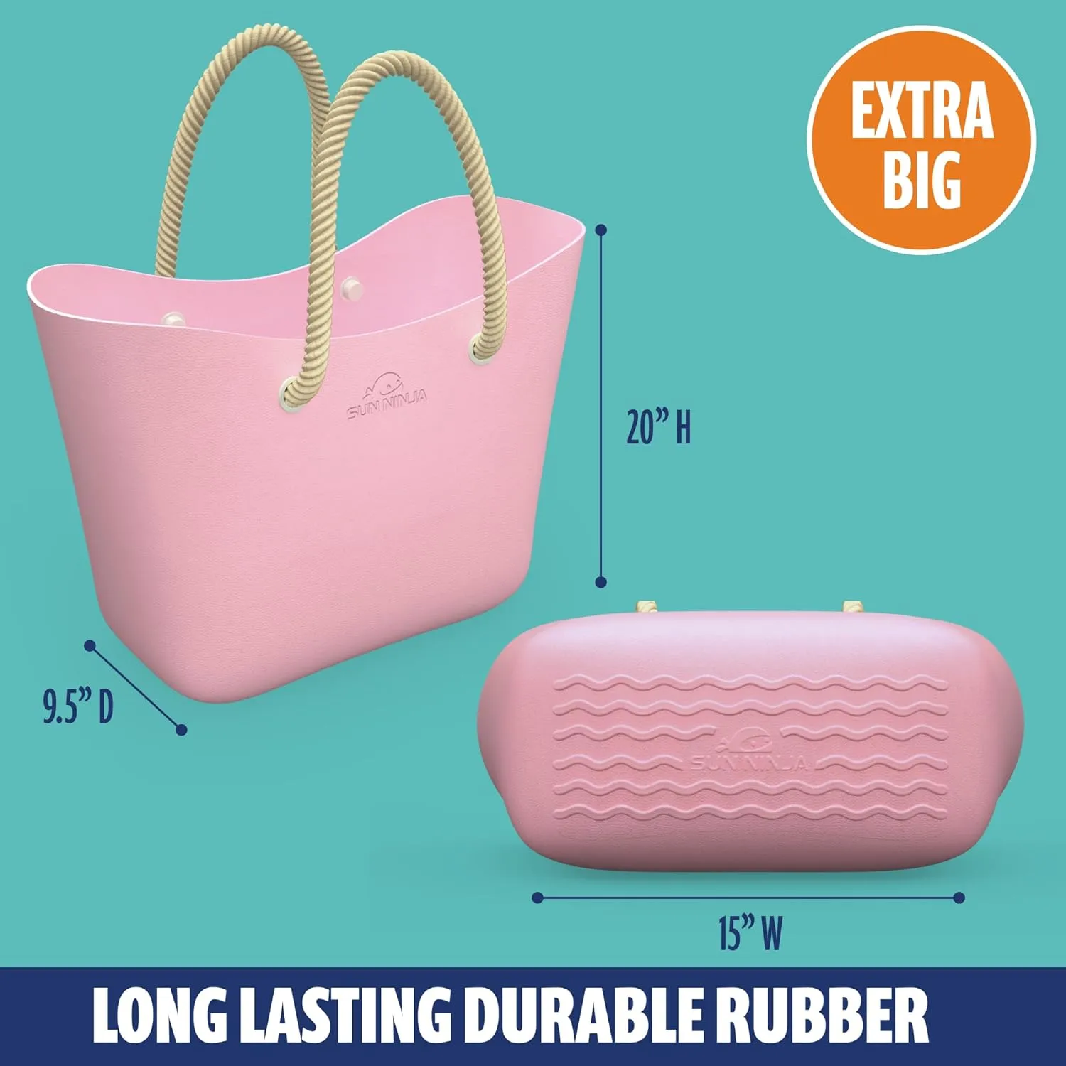 SUN NINJA Rubber Tote Bag - Extra Large Waterproof Sandproof and Washable EVA Plastic Bag for Boat Beach or Swim