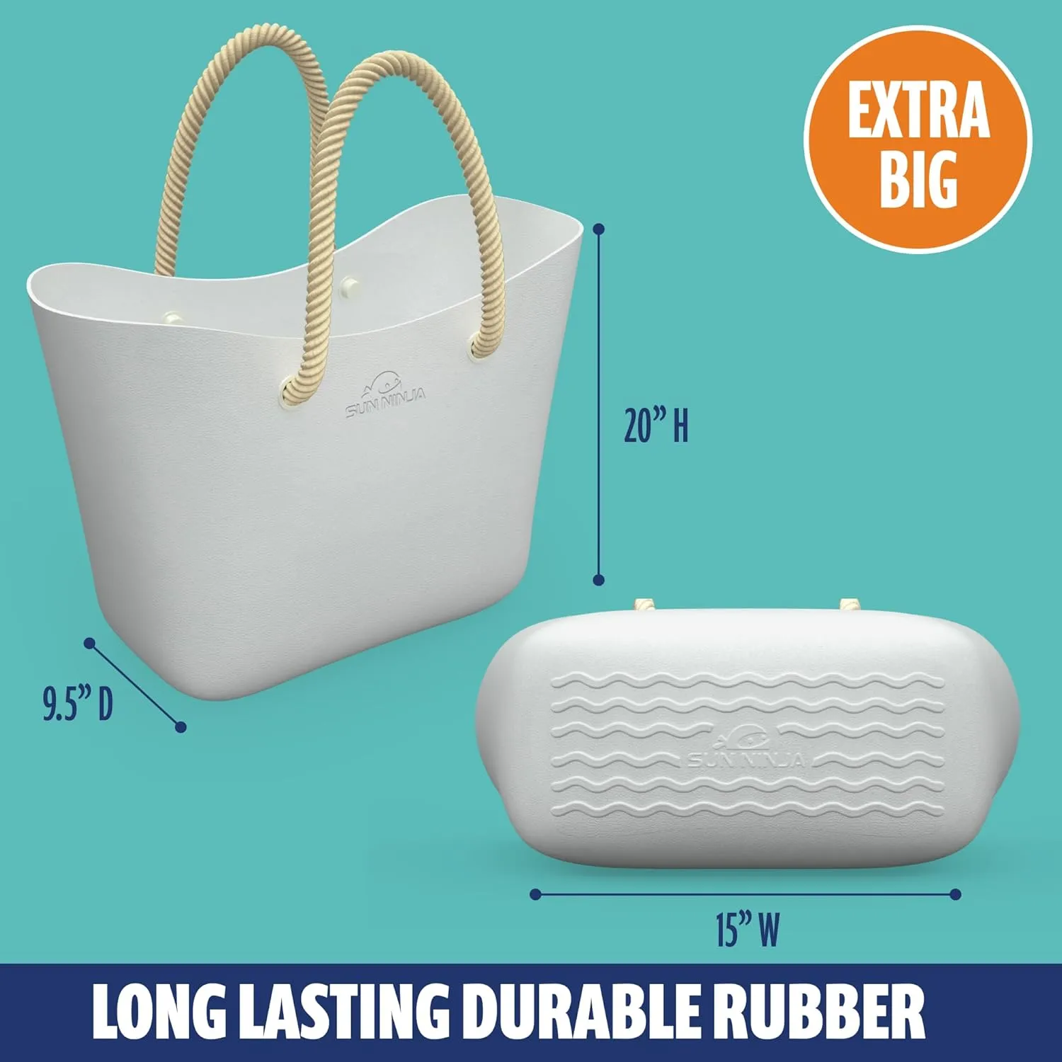 SUN NINJA Rubber Tote Bag - Extra Large Waterproof Sandproof and Washable EVA Plastic Bag for Boat Beach or Swim