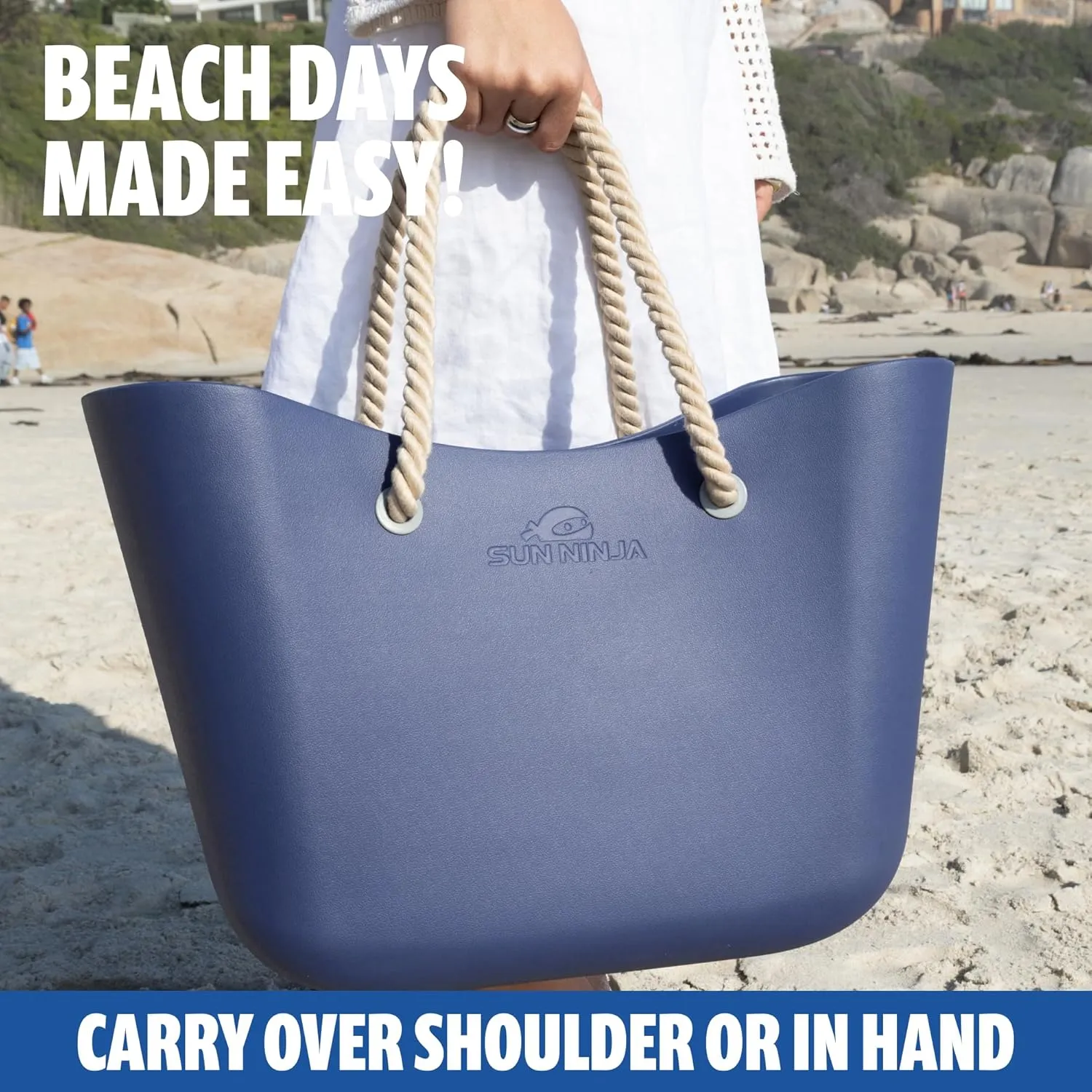 SUN NINJA Rubber Tote Bag - Extra Large Waterproof Sandproof and Washable EVA Plastic Bag for Boat Beach or Swim