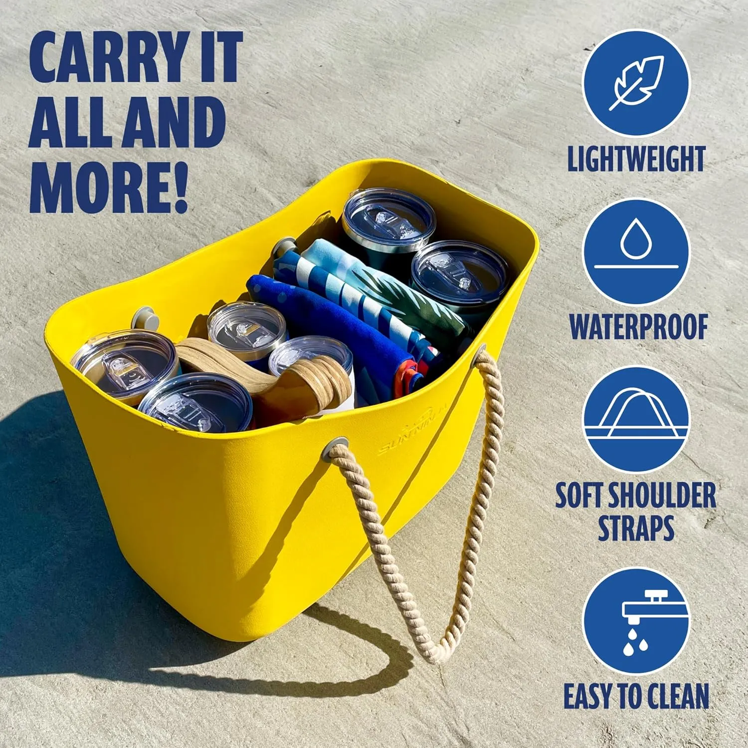 SUN NINJA Rubber Tote Bag - Extra Large Waterproof Sandproof and Washable EVA Plastic Bag for Boat Beach or Swim