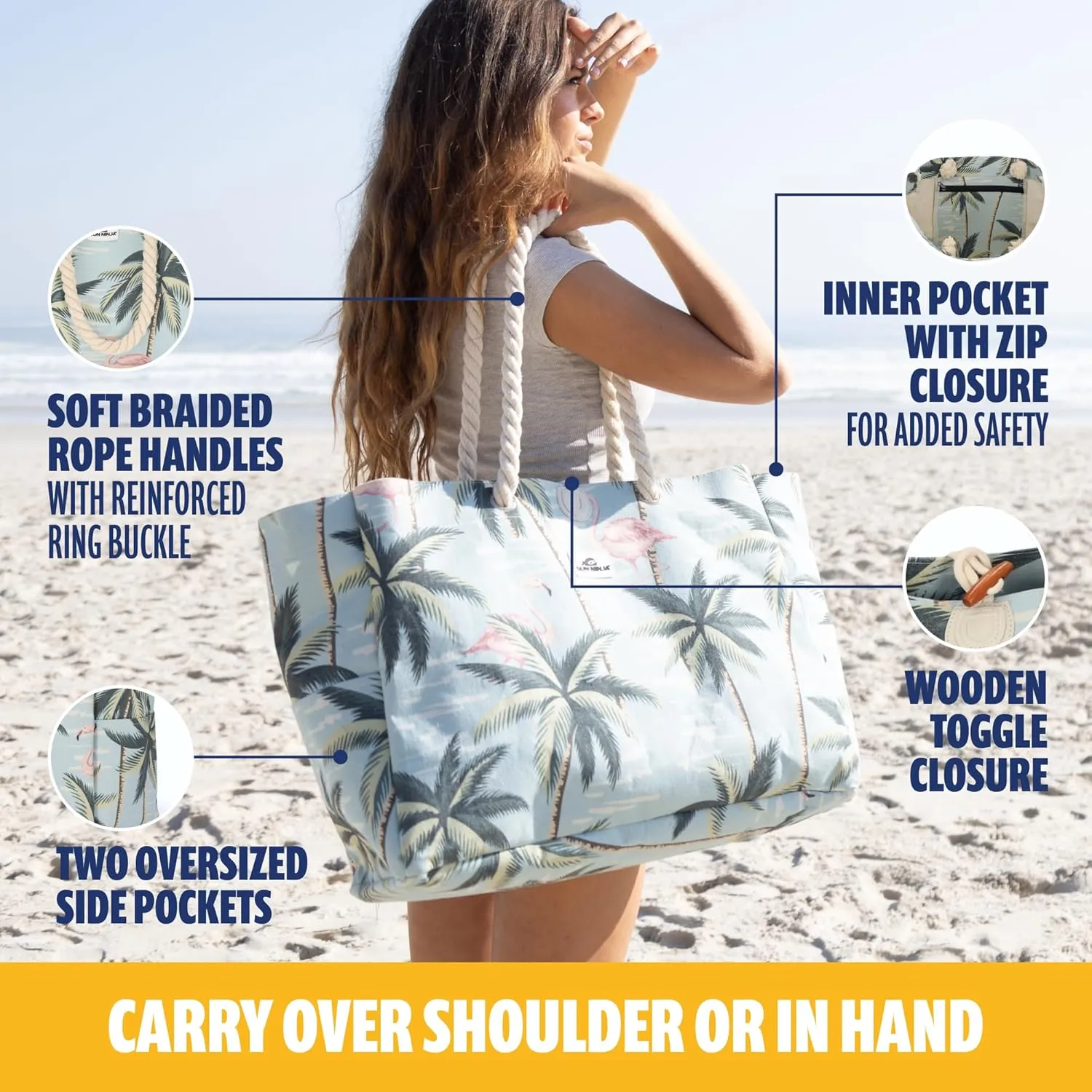 SUN NINJA XL Canvas Beach Tote Bag - Water-Resistant with Pockets - Large Pool Summer Tote, Cute Travel Beach Bag