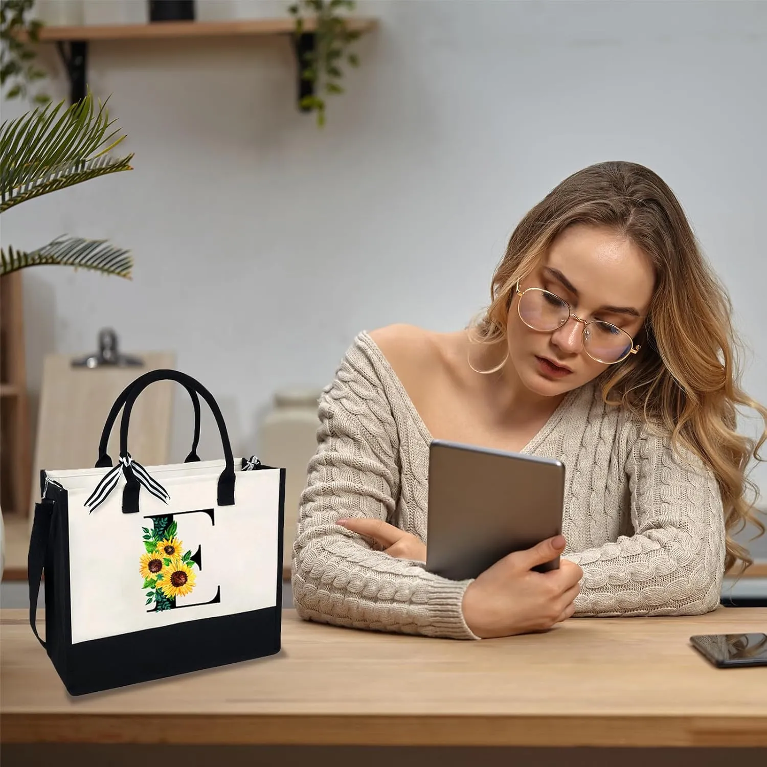 Sunflower Tote with Zipper Pocket, 13oz Monogram Tote Bags for Women, Birthday, Christmas, Teacher Gifts