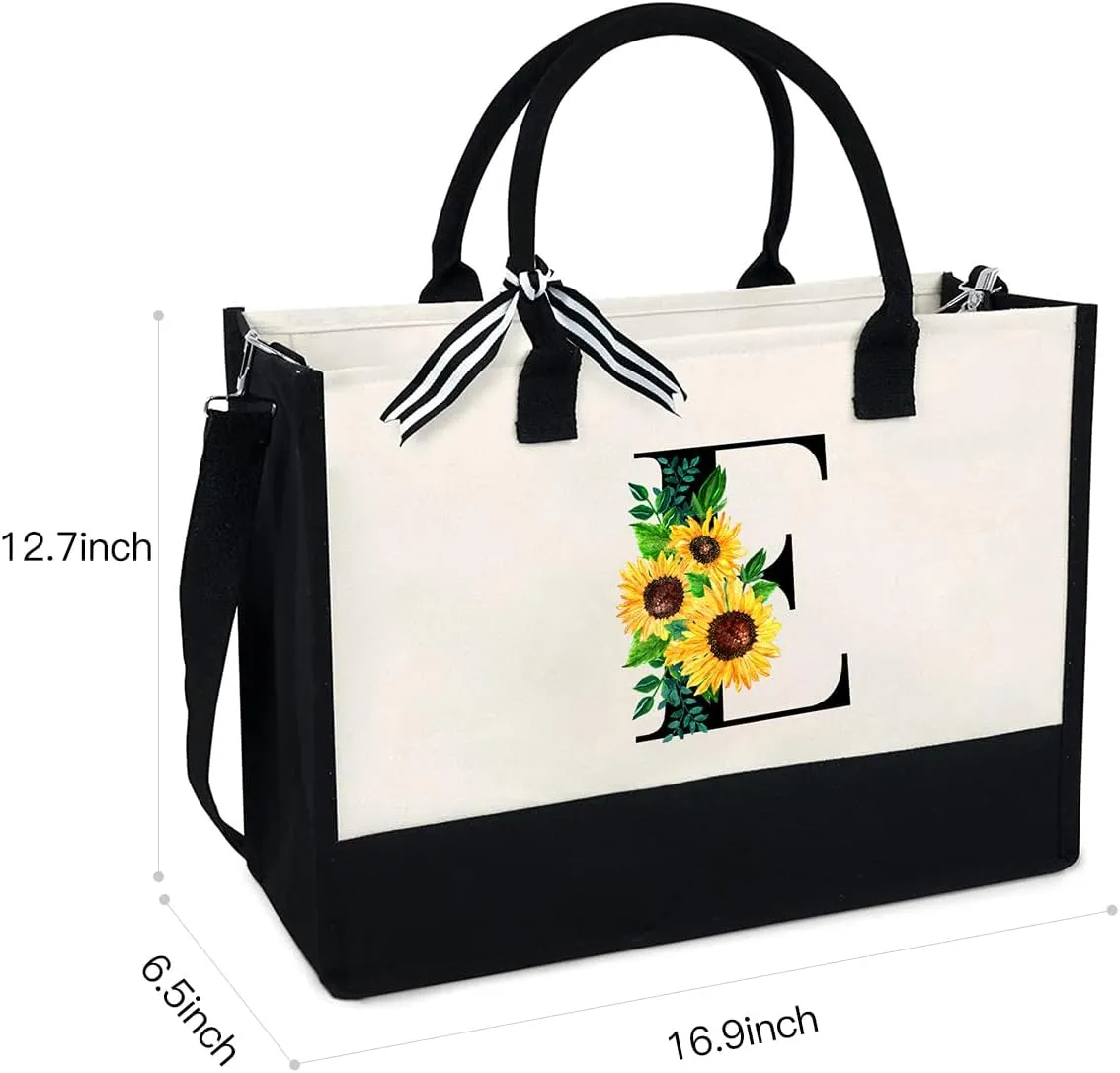 Sunflower Tote with Zipper Pocket, 13oz Monogram Tote Bags for Women, Birthday, Christmas, Teacher Gifts