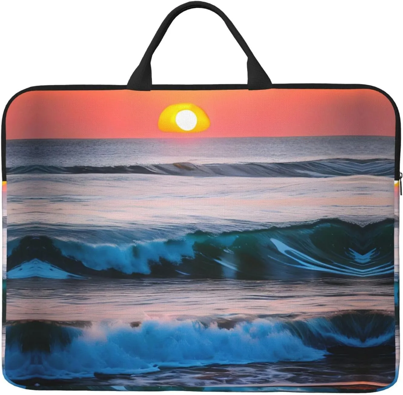 Sunset and Sunrise with Ocean Sea Waves 14in Laptop Case Sleeve Bag – Shoulder Messenger Briefcase Carrying Handle and Accessory Pocket