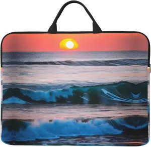 Sunset and Sunrise with Ocean Sea Waves 14in Laptop Case Sleeve Bag – Shoulder Messenger Briefcase Carrying Handle and Accessory Pocket