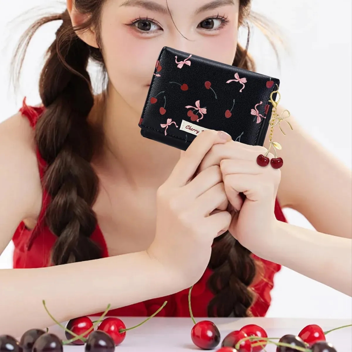 Sunwel Fashion Cute Coquette Bow Wallet with Key-chain Aesthetic Card Holder ID Window for Women Girls (367BLACK)