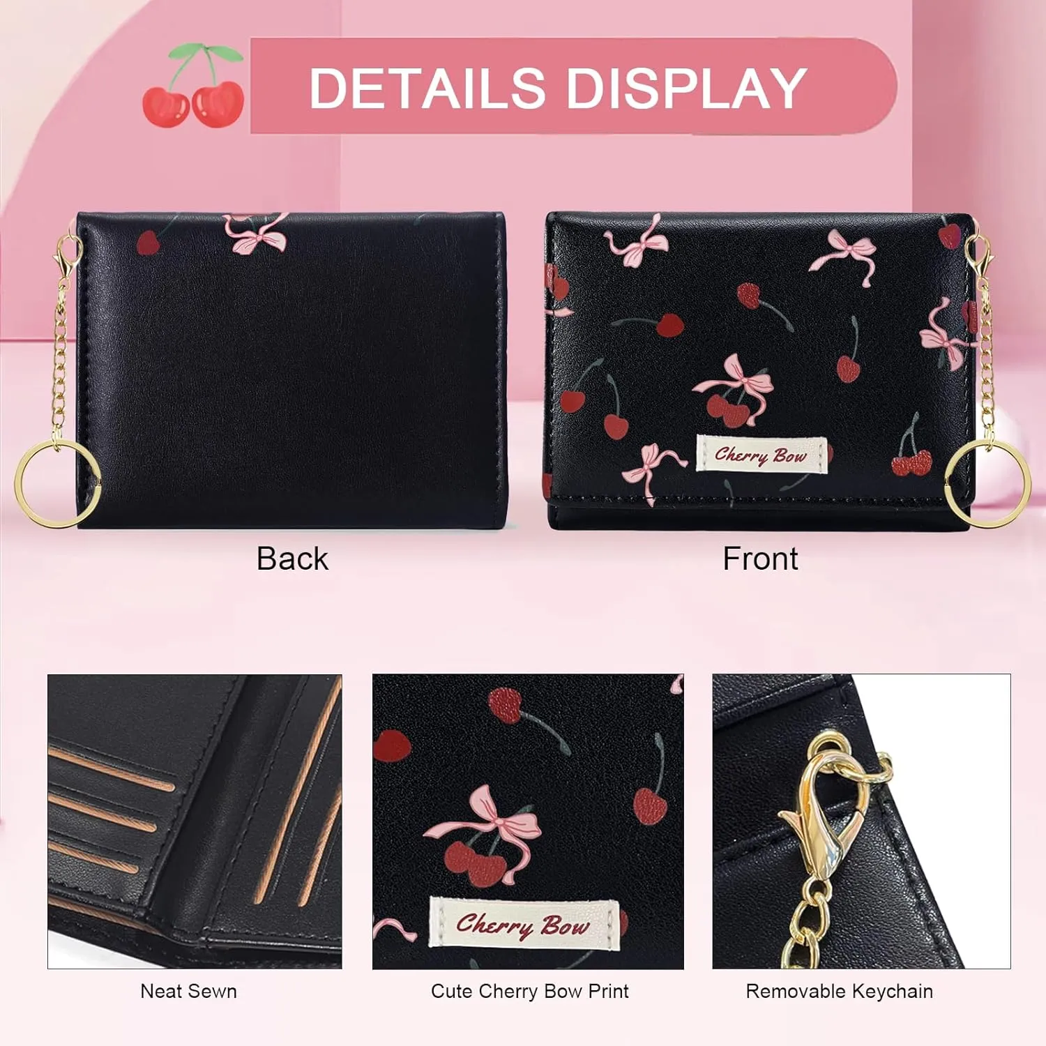 Sunwel Fashion Cute Coquette Bow Wallet with Key-chain Aesthetic Card Holder ID Window for Women Girls (367BLACK)