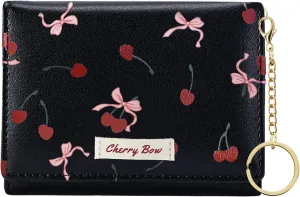 Sunwel Fashion Cute Coquette Bow Wallet with Key-chain Aesthetic Card Holder ID Window for Women Girls (367BLACK)