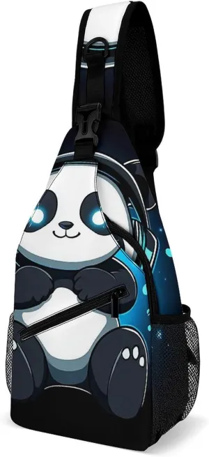 Supdreamc Men & Women Gym Crossbody Sack Satchel Outdoor Hiking Bag, Animal Headphones Music Cute Panda Sling Backpack Rucksack for Outdoors Running Climbing - Handy Tote Bags
