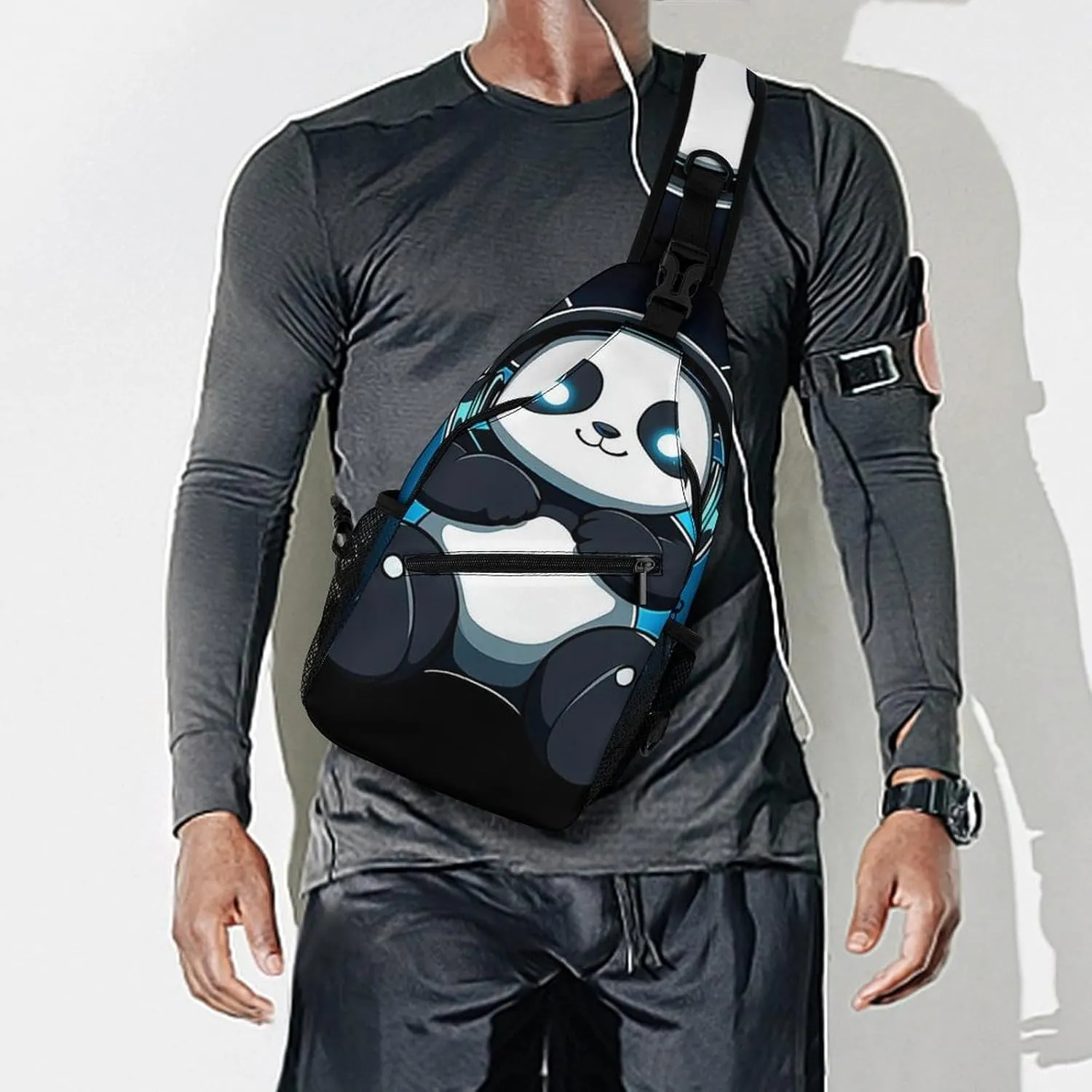 Supdreamc Men & Women Gym Crossbody Sack Satchel Outdoor Hiking Bag, Animal Headphones Music Cute Panda Sling Backpack Rucksack for Outdoors Running Climbing - Handy Tote Bags