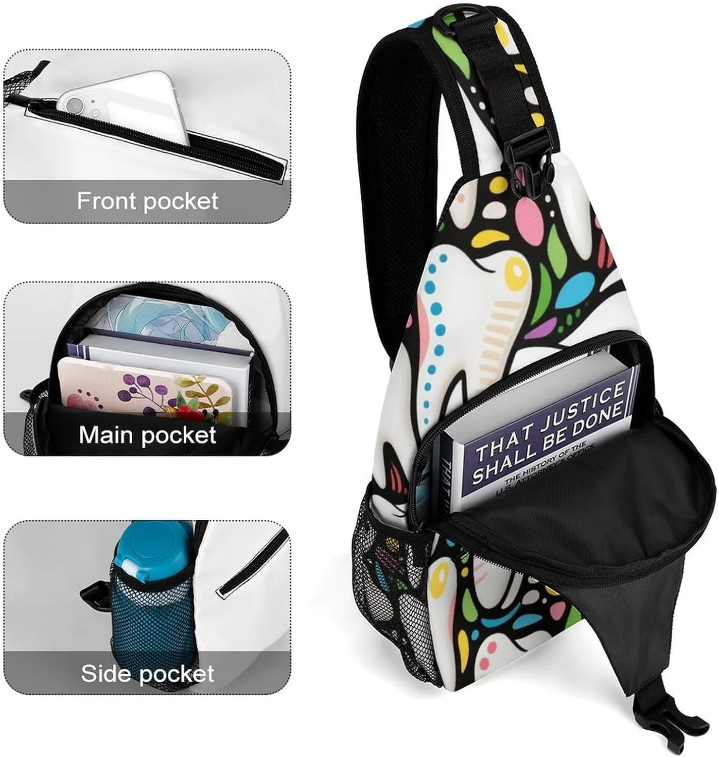 Supdreamc Sling Bag Backpack for Men Women Multipurpose Anti-Theft Satchel Bookbags Travel Rucksack Daypack Bookbag, Cartoon Teeth Dental Art Shoulder Crossbody Bag Chest Pack