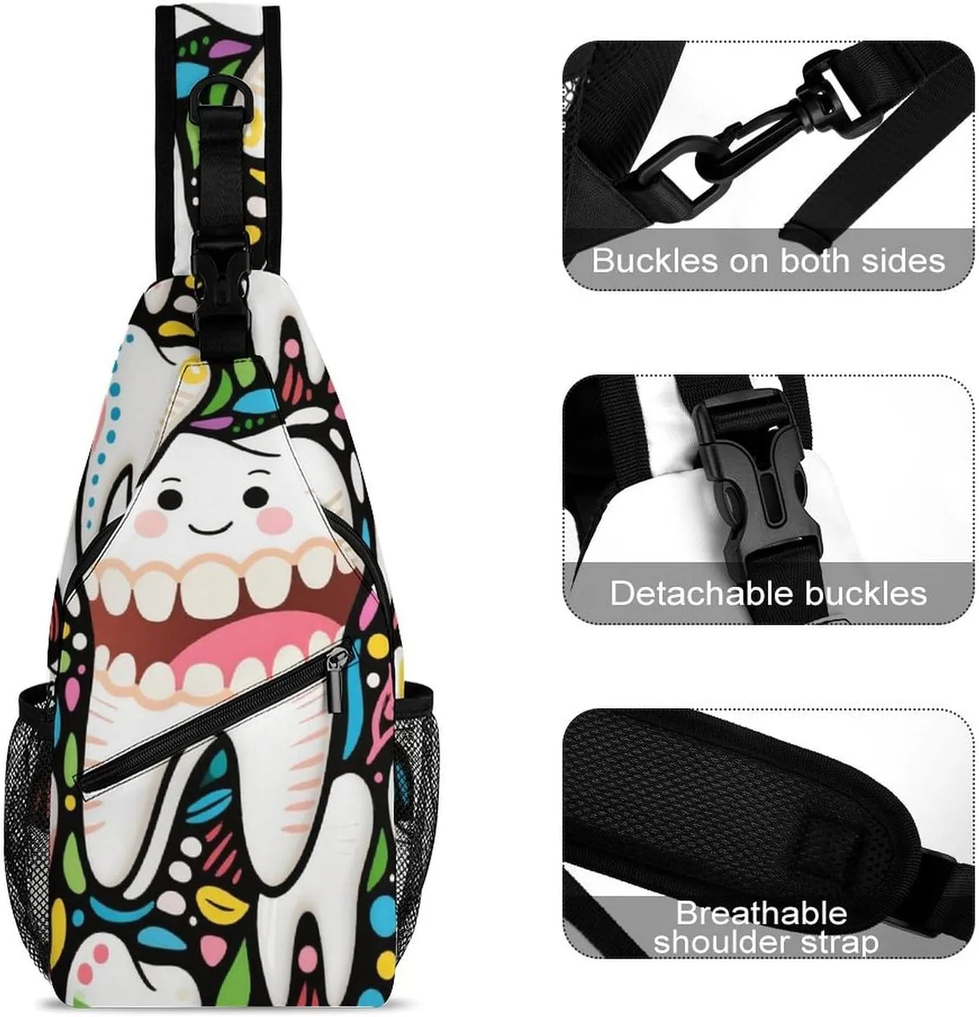 Supdreamc Sling Bag Backpack for Men Women Multipurpose Anti-Theft Satchel Bookbags Travel Rucksack Daypack Bookbag, Cartoon Teeth Dental Art Shoulder Crossbody Bag Chest Pack