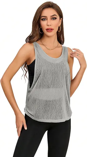 SweatyRocks Women's Sleeveless Scoop Neck Shirt Contract Mesh Racerback Tank Top