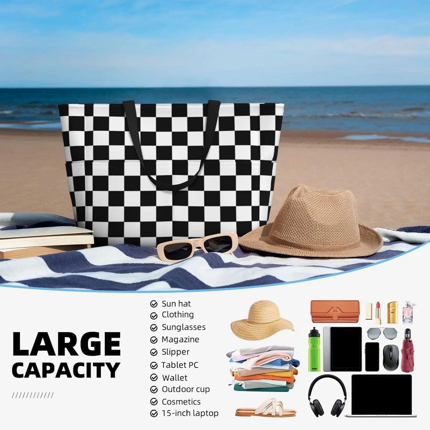 SWEET TANG Beach Bags for Women Large Waterproof Beach Tote Bag Zipper Swim Pool Bag