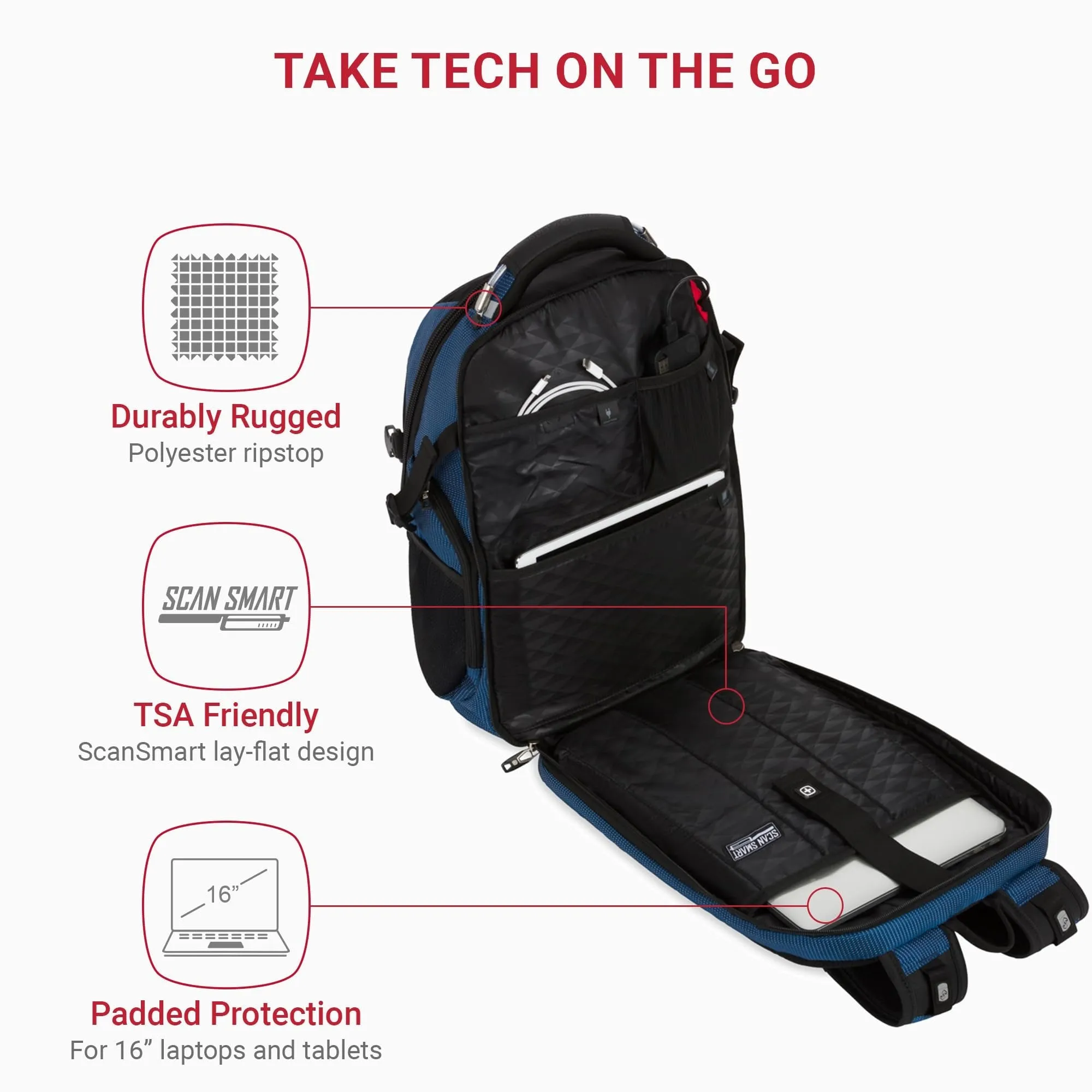 Swiss Gear 5358 USB ScanSmart Laptop Backpack, 16" Laptop Compartment, Blue/Black