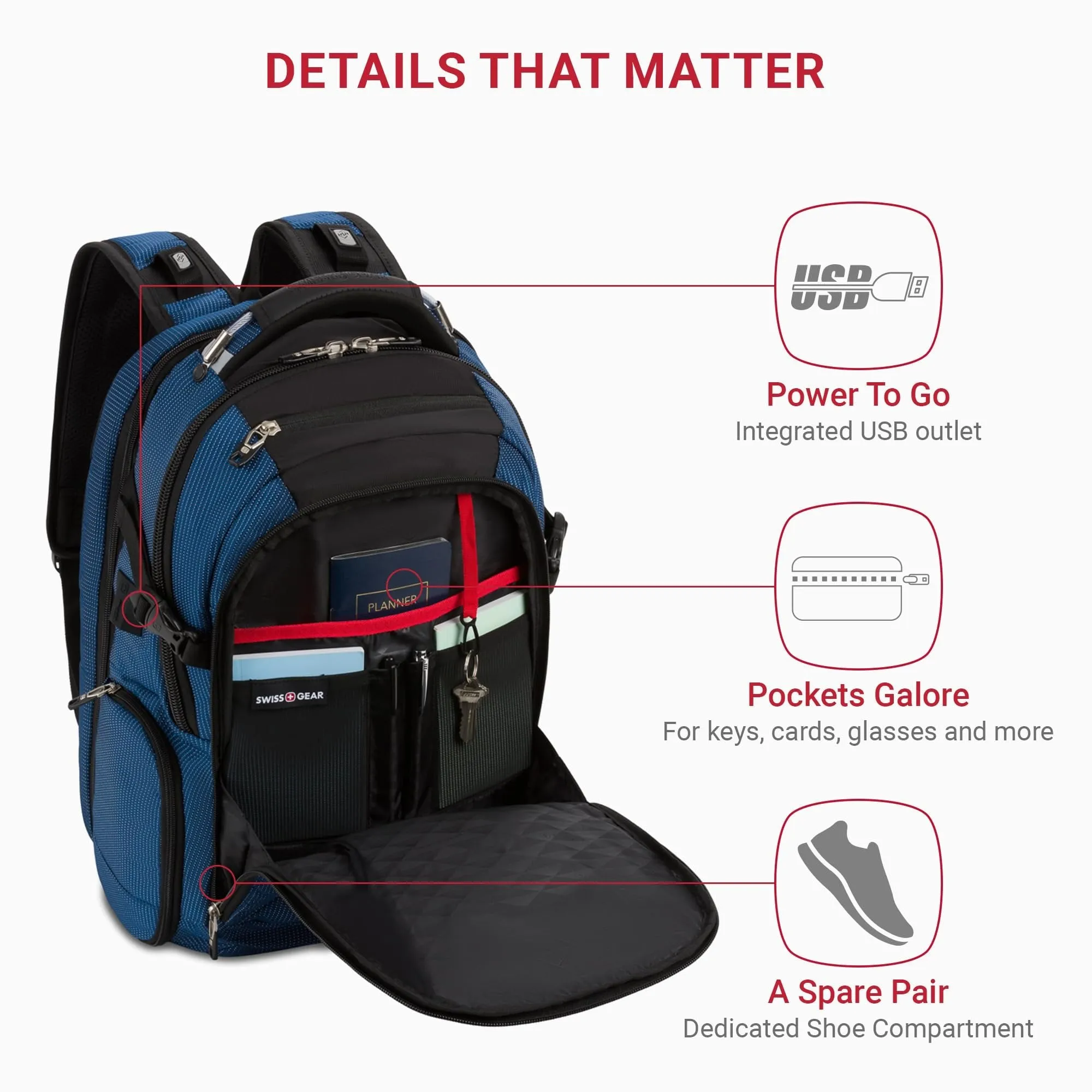 Swiss Gear 5358 USB ScanSmart Laptop Backpack, 16" Laptop Compartment, Blue/Black