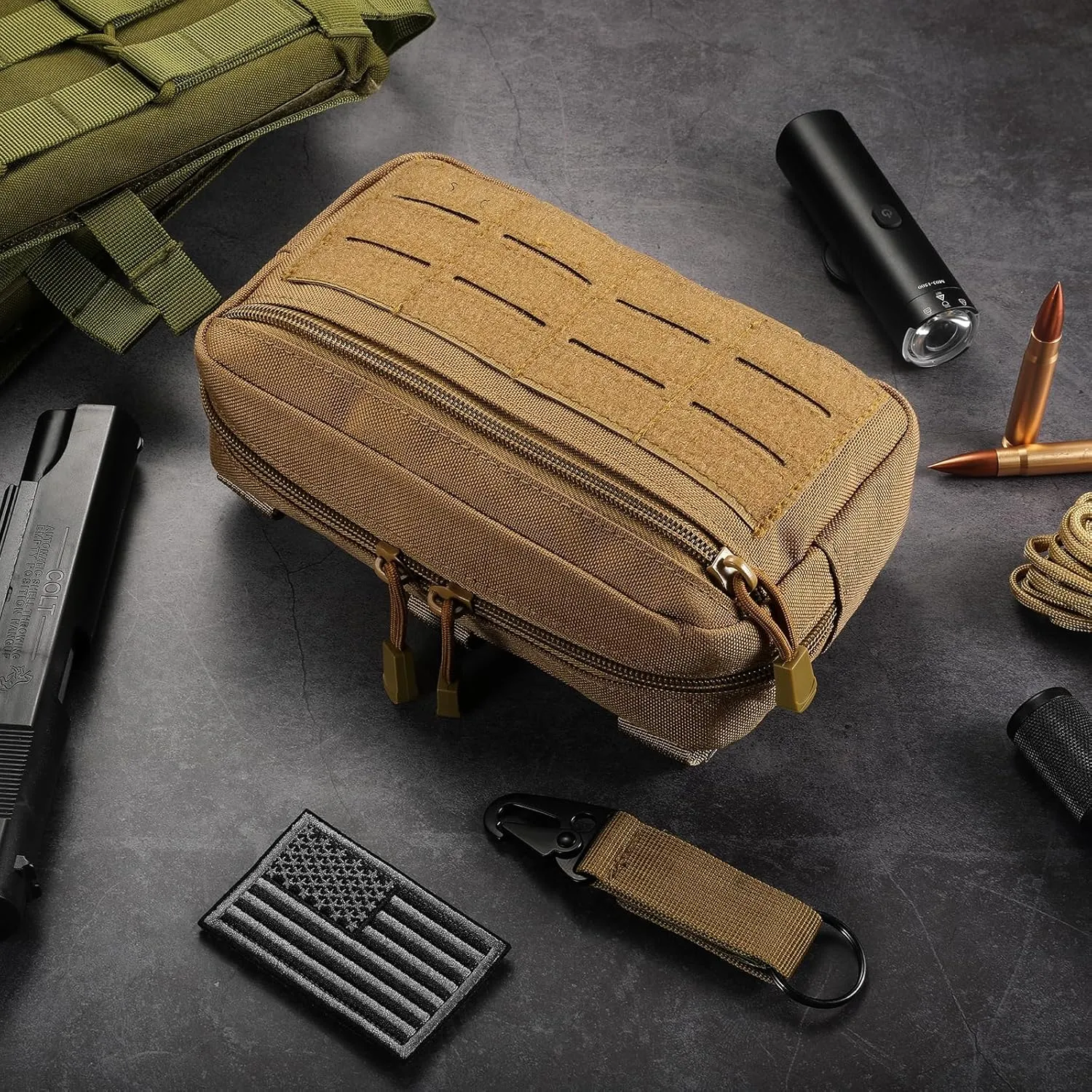 Tactical Molle Admin Pouch Utility Laser Cut EDC Tool Pouch Bag Horizontal Modular Pouches Include US Flag Patch and Keychain