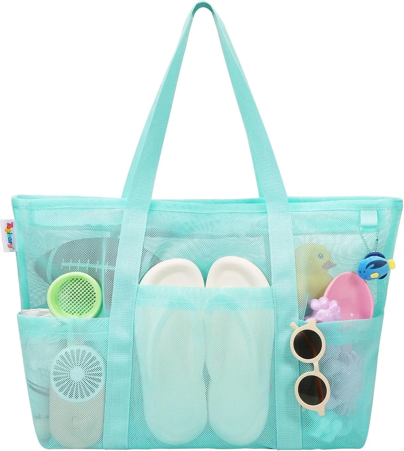 Tagitary Mesh Beach Bag with Zipper Large Beach Tote Waterproof Sandproof with 8 Pockets for Toys Pool Bag Beach Accessories